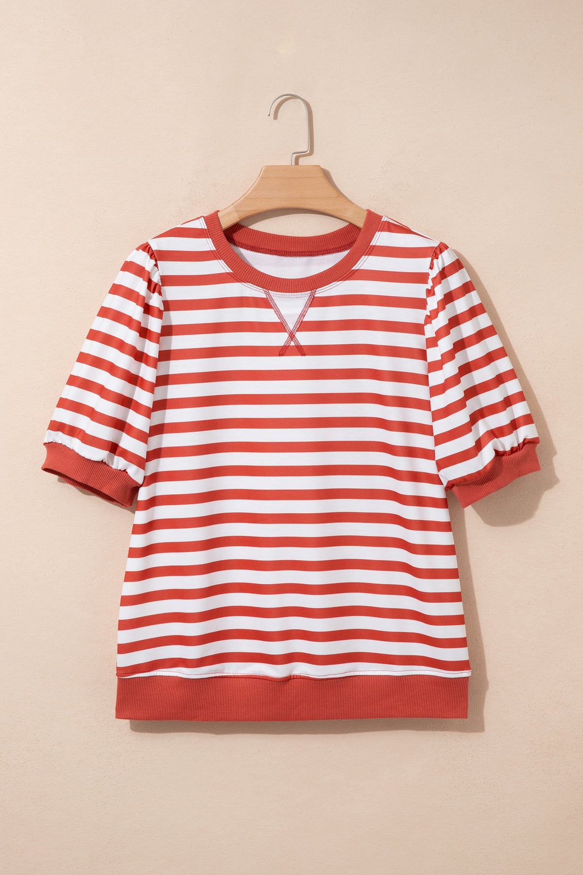 Orange Stripe Short Bubble Sleeve T Shirt-Tops/Tops & Tees-[Adult]-[Female]-2022 Online Blue Zone Planet
