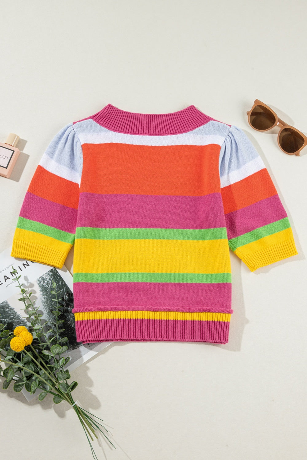 Color Block Round Neck Half Sleeve Knit Top-TOPS / DRESSES-[Adult]-[Female]-2022 Online Blue Zone Planet