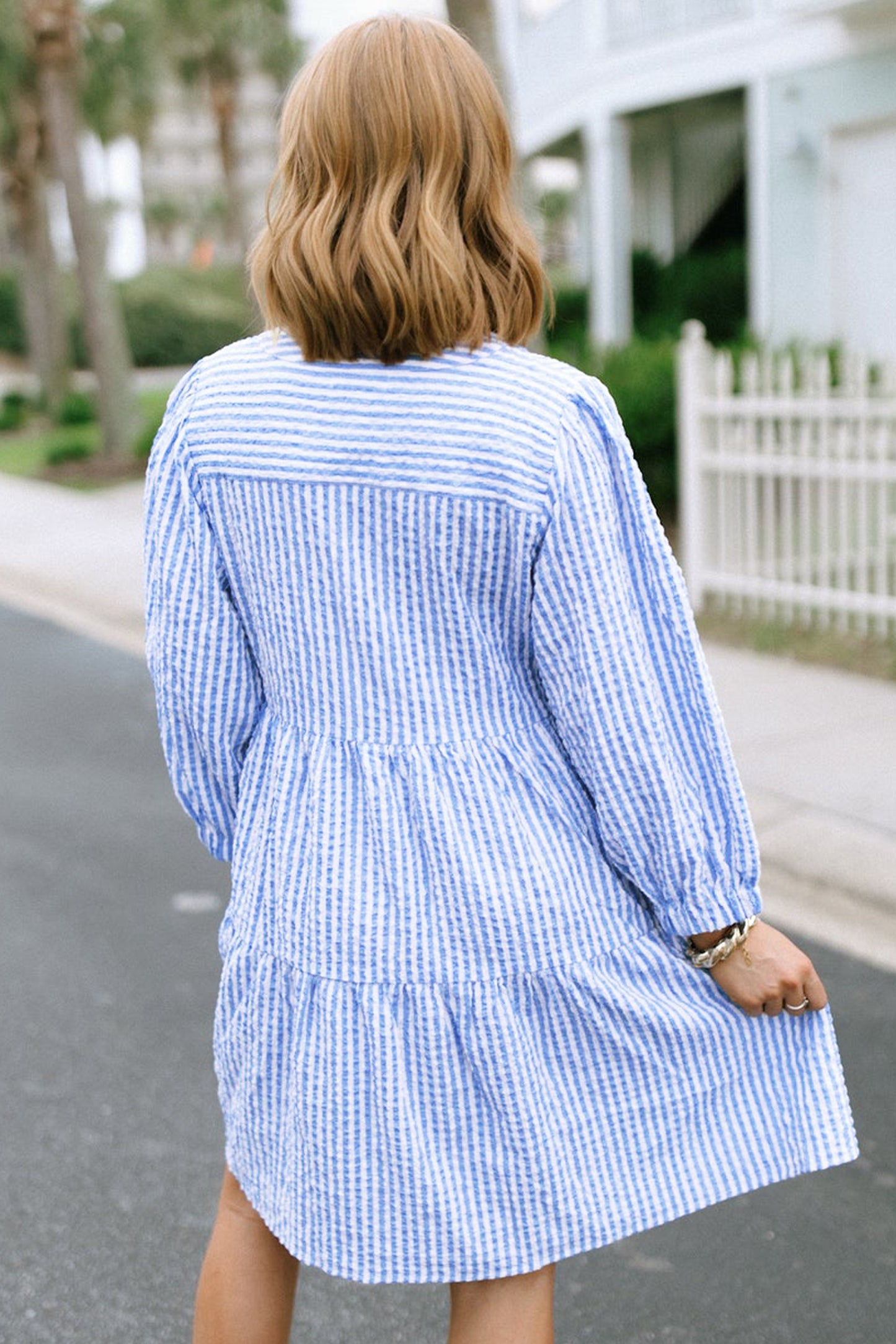 Sky Blue Stripe Seersucker Textured Notched Neck Long Puff Sleeve Tiered Curvy Dress-TOPS / DRESSES-[Adult]-[Female]-2022 Online Blue Zone Planet