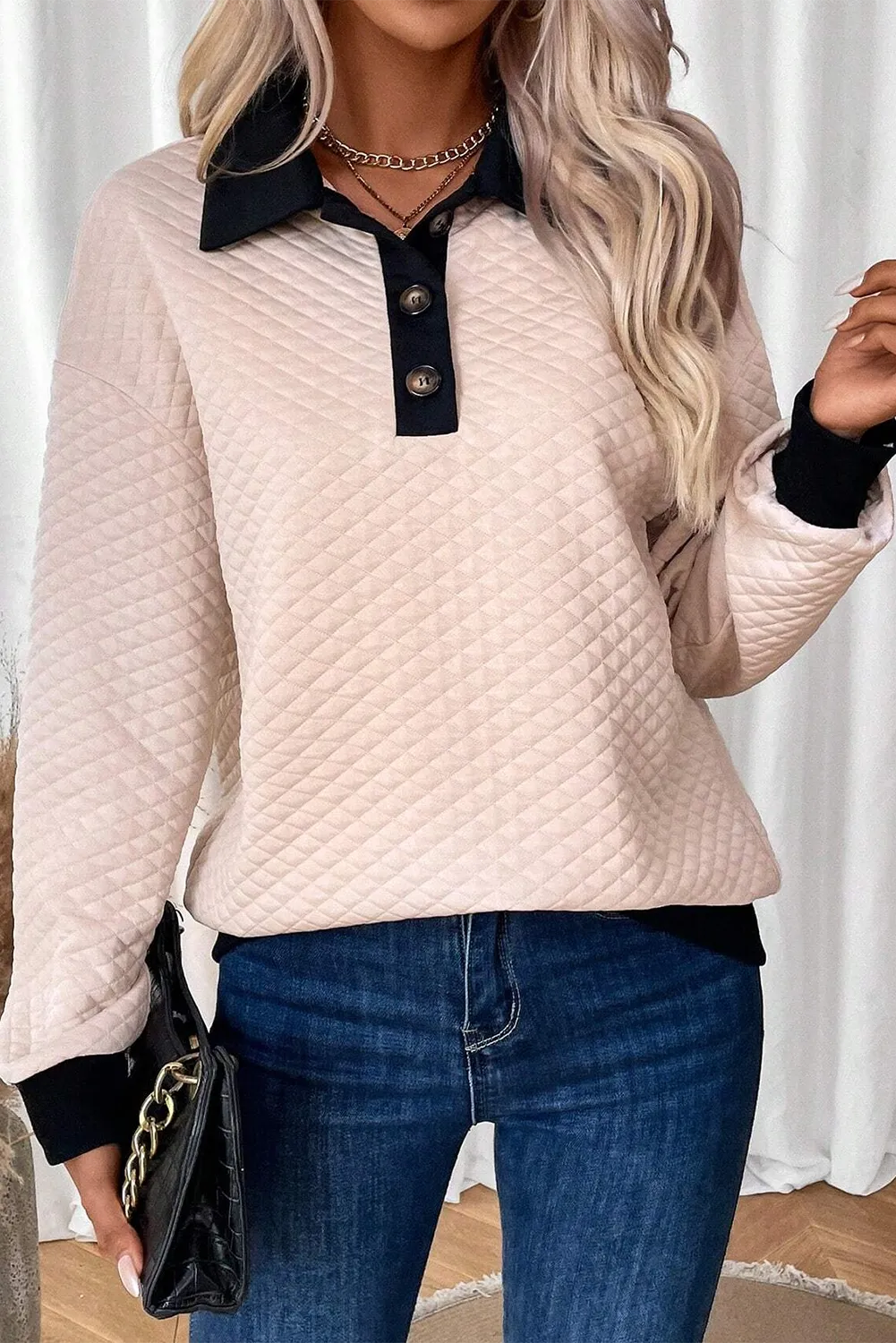 Blue Zone Planet | Textured Collared Neck Long Sleeve Top-TOPS / DRESSES-[Adult]-[Female]-2022 Online Blue Zone Planet