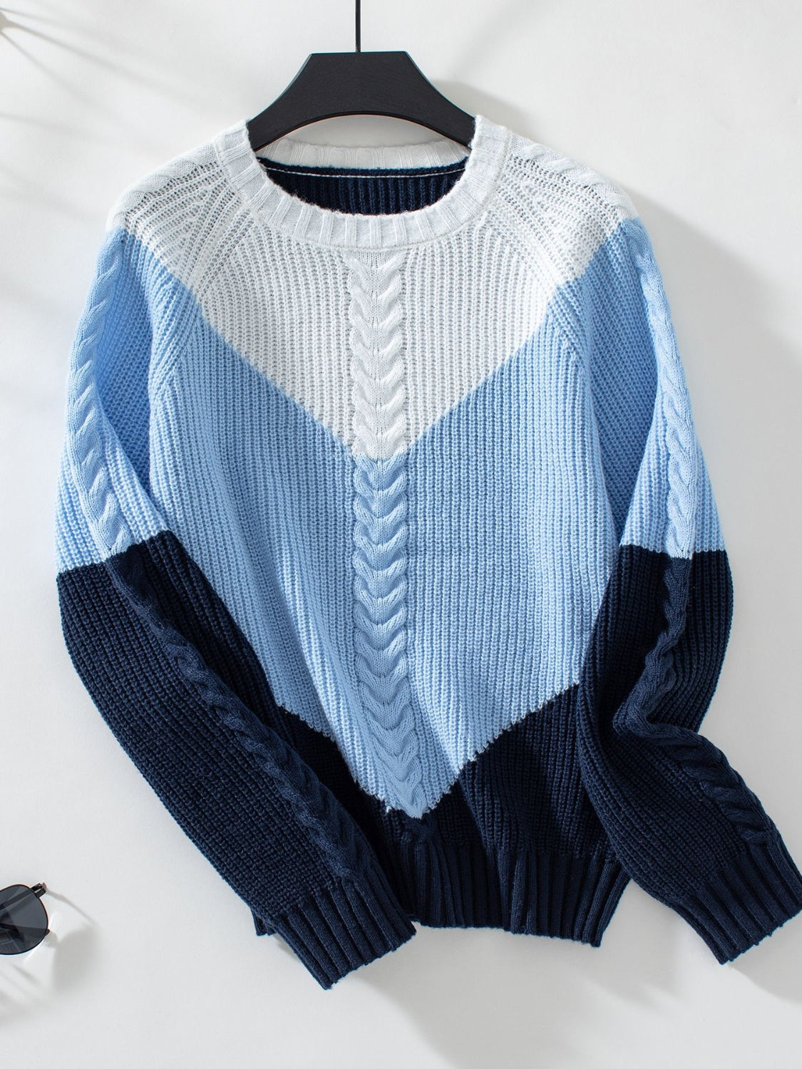 Color Block Round Neck Long Sleeve Sweater-TOPS / DRESSES-[Adult]-[Female]-Pastel Blue-S-2022 Online Blue Zone Planet