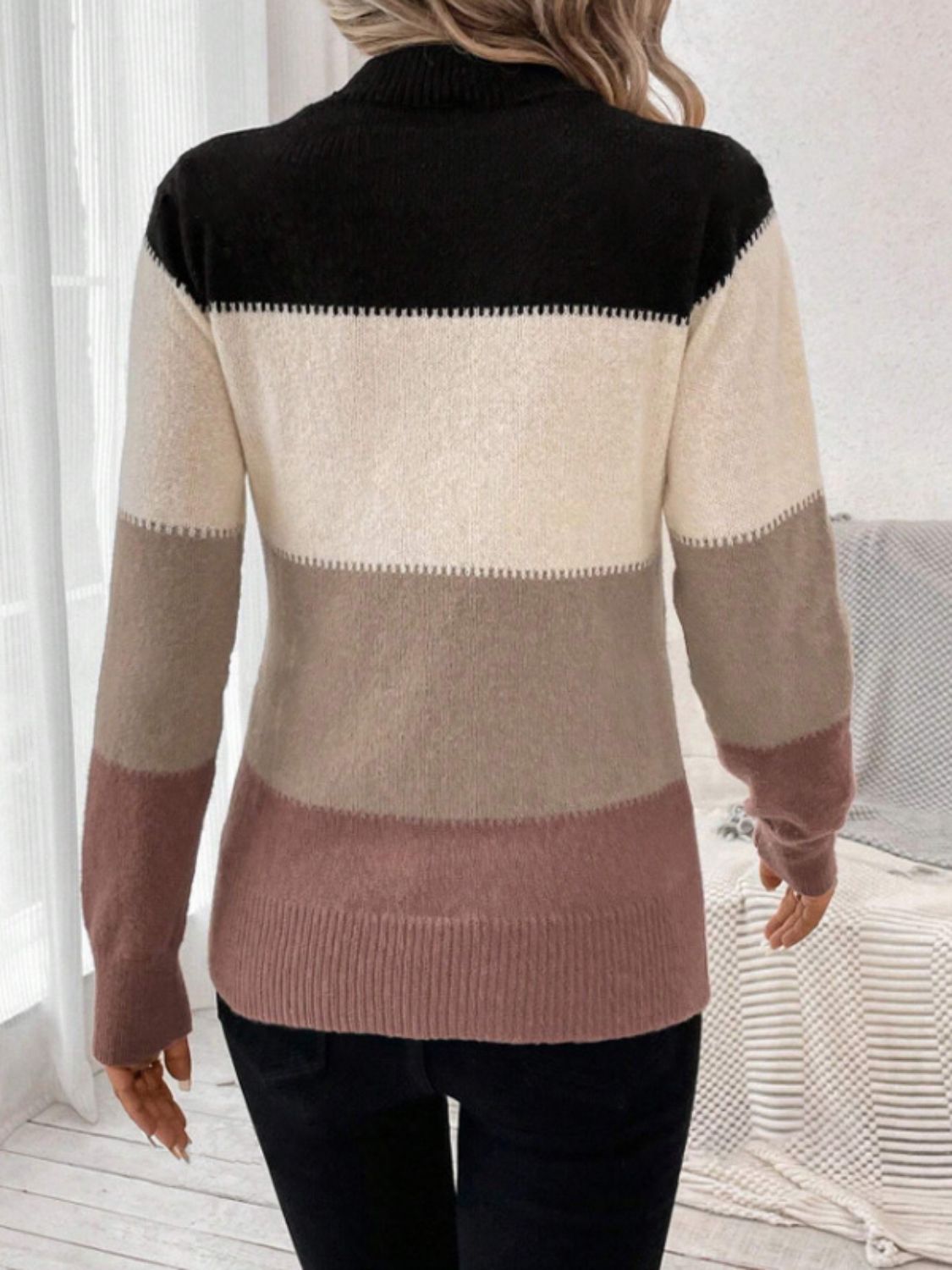 Blue Zone Planet | Color Block Mock Neck Long Sleeve Sweater-TOPS / DRESSES-[Adult]-[Female]-2022 Online Blue Zone Planet