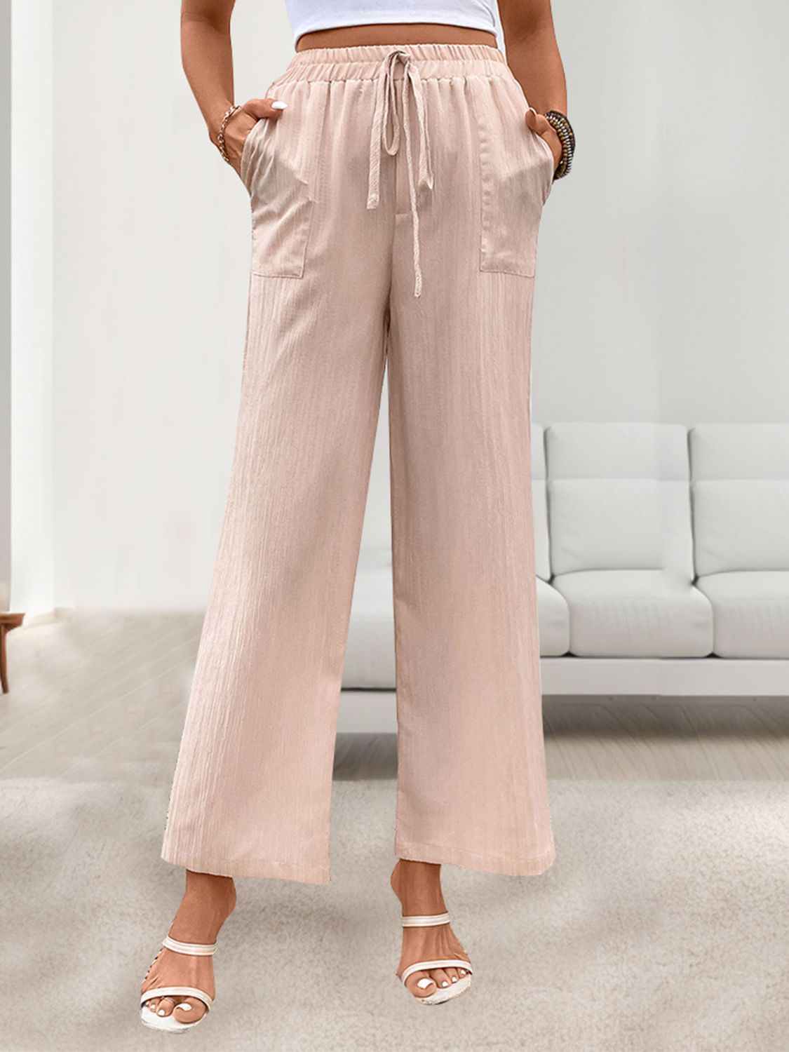 Blue Zone Planet | Perfee Tied Wide Leg Pants with Pockets-BOTTOMS SIZES SMALL MEDIUM LARGE-[Adult]-[Female]-2022 Online Blue Zone Planet