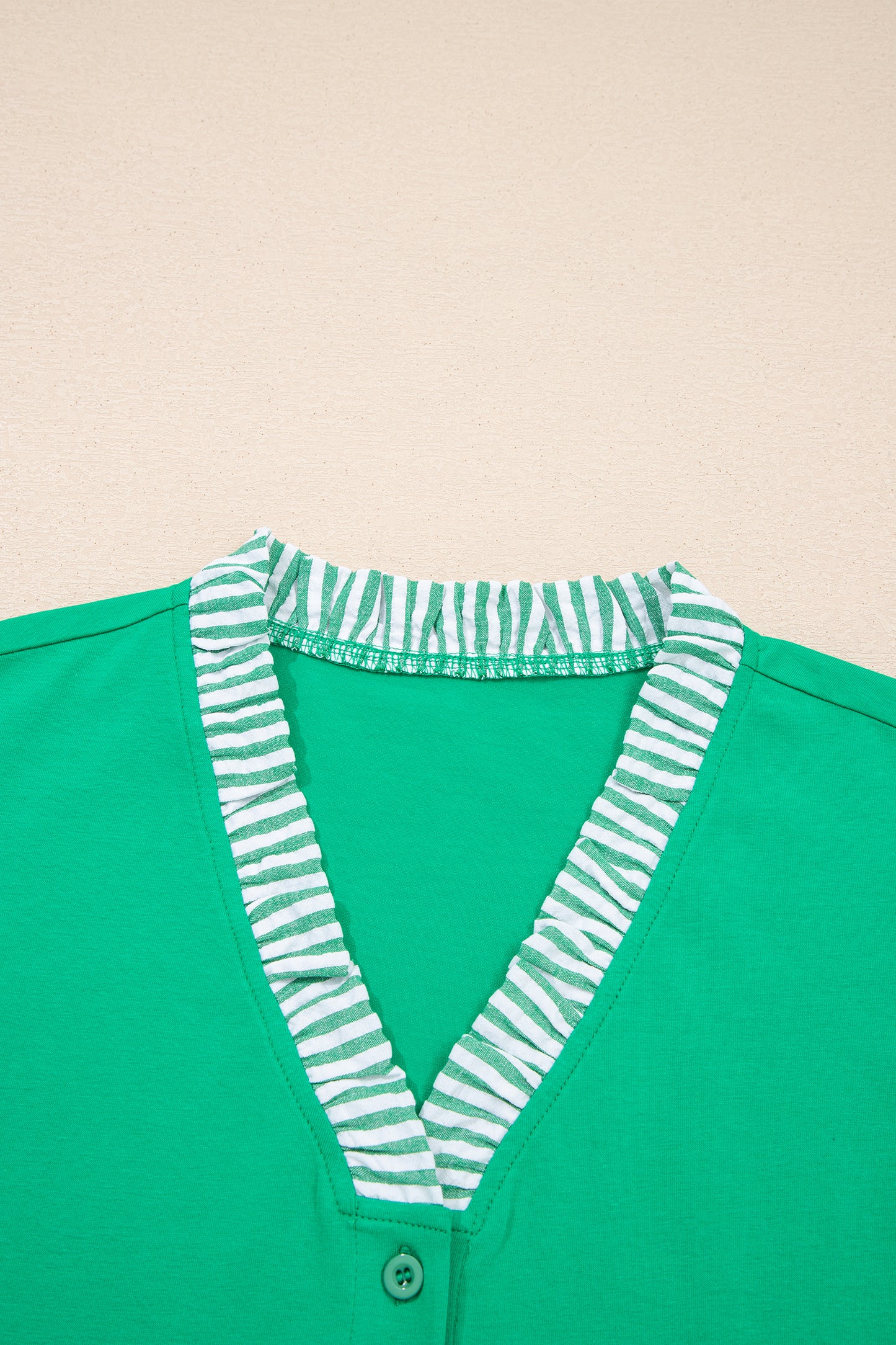 Dark Green Plus Size Button Front Ruffled Stripe Trim V Neck Flutter Sleeve Blouse-Plus Size/Plus Size Tops/Plus Size Blouses & Shirts-[Adult]-[Female]-2022 Online Blue Zone Planet