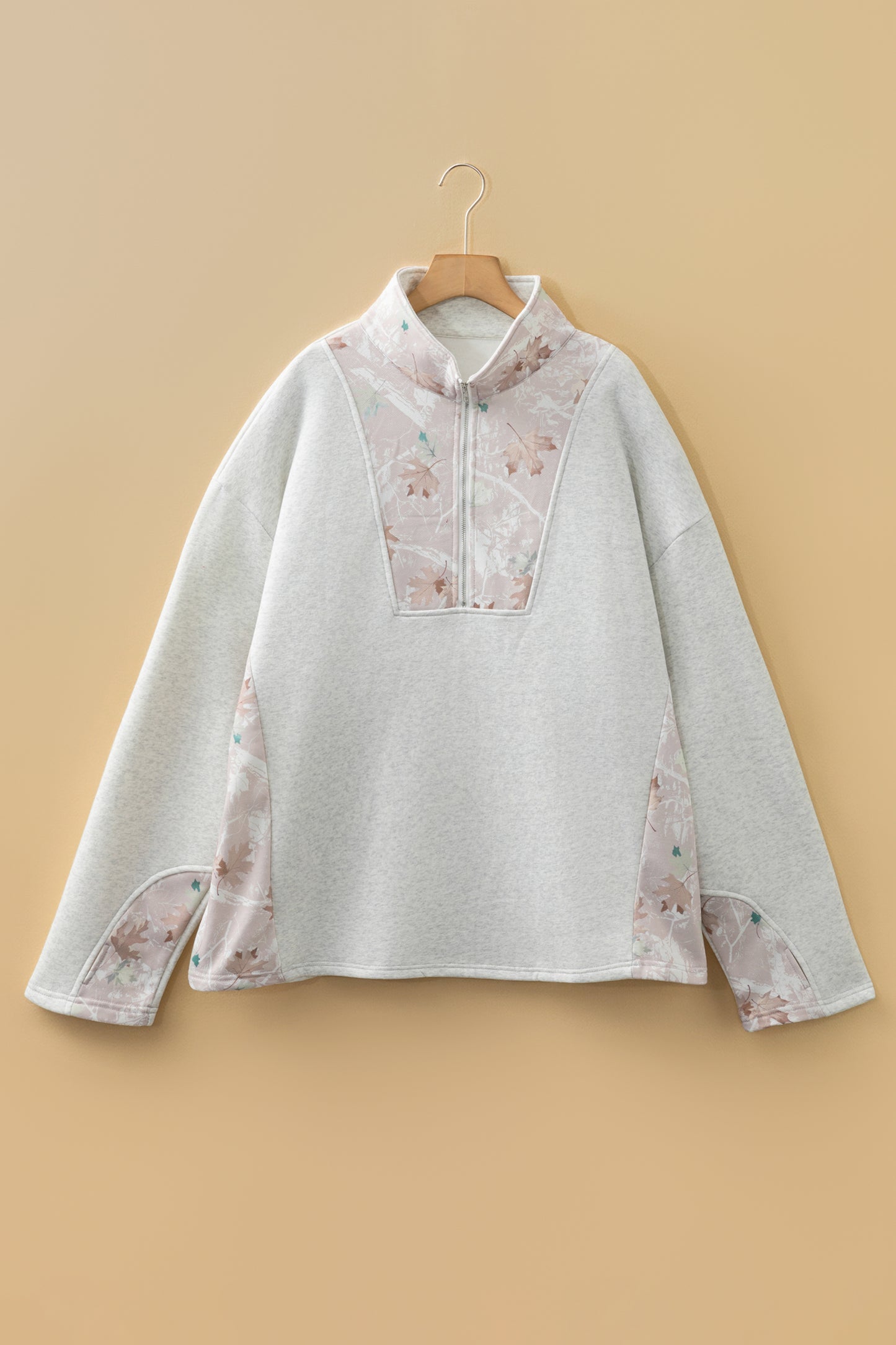 Gray Camo Leaves Patchwork Zipped Collar Pullover Plus Size Sweatshirt-Plus Size/Plus Size Sweatshirts & Hoodies-[Adult]-[Female]-2022 Online Blue Zone Planet