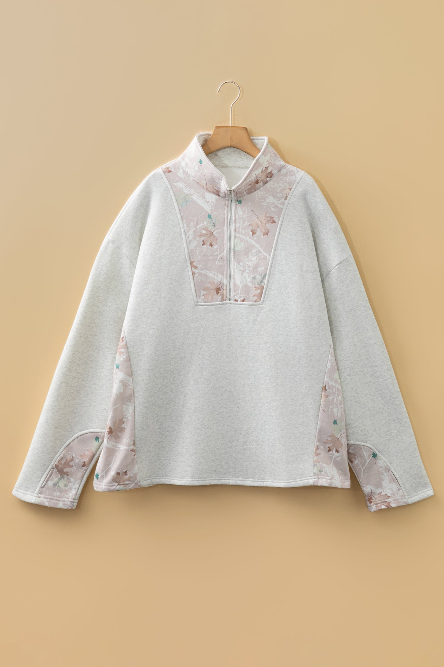 Gray Camo Leaves Patchwork Zipped Collar Pullover Plus Size Sweatshirt-Plus Size/Plus Size Sweatshirts & Hoodies-[Adult]-[Female]-2022 Online Blue Zone Planet