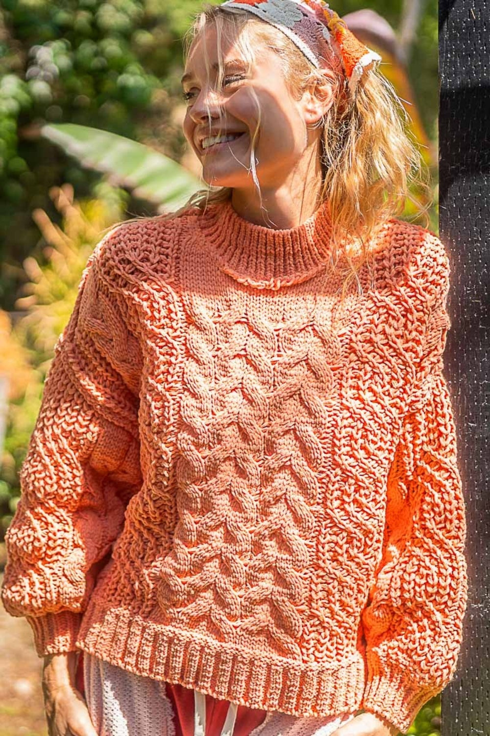 Blue Zone Planet | POL Mock Neck Cable Knit Sweater-TOPS / DRESSES-[Adult]-[Female]-Coral Tangerine-S-2022 Online Blue Zone Planet