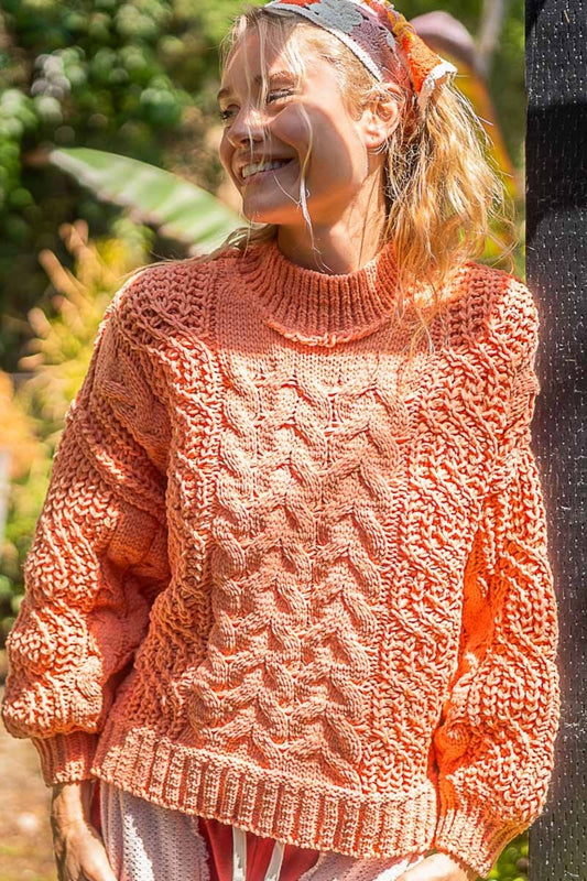 Blue Zone Planet | POL Mock Neck Cable Knit Sweater-TOPS / DRESSES-[Adult]-[Female]-Coral Tangerine-S-2022 Online Blue Zone Planet