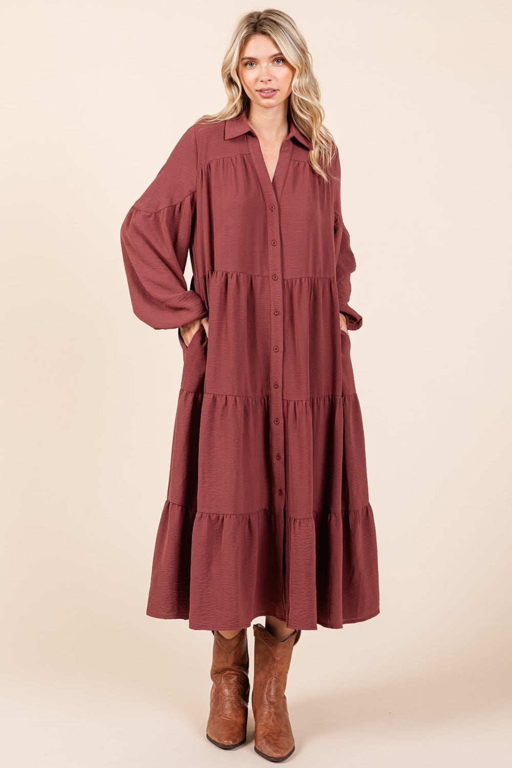 Blue Zone Planet | Mittoshop Tiered Button Down Long Sleeve Midi Dress-TOPS / DRESSES-[Adult]-[Female]-2022 Online Blue Zone Planet