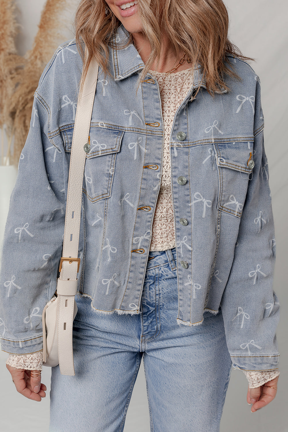 Sky Blue Bow Knot Print Light Wash Raw Hem Denim Jacket-Outerwear/Denim jackets-[Adult]-[Female]-Sky Blue-S-2022 Online Blue Zone Planet