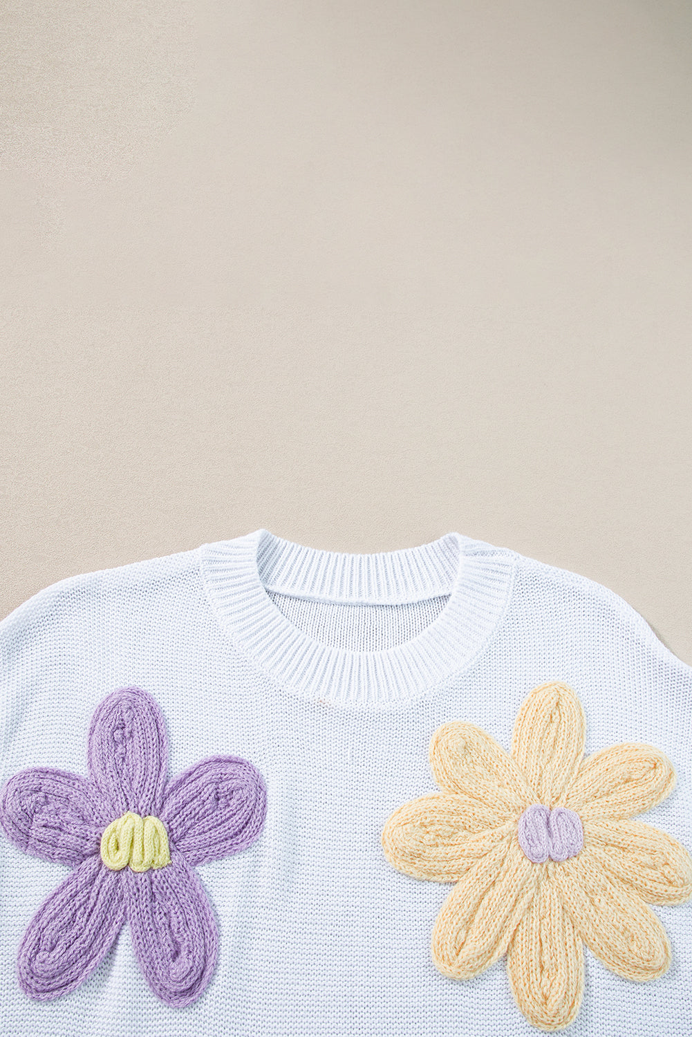 White Flower Patch Knit Round Neck Tee-T Shirts-[Adult]-[Female]-2022 Online Blue Zone Planet