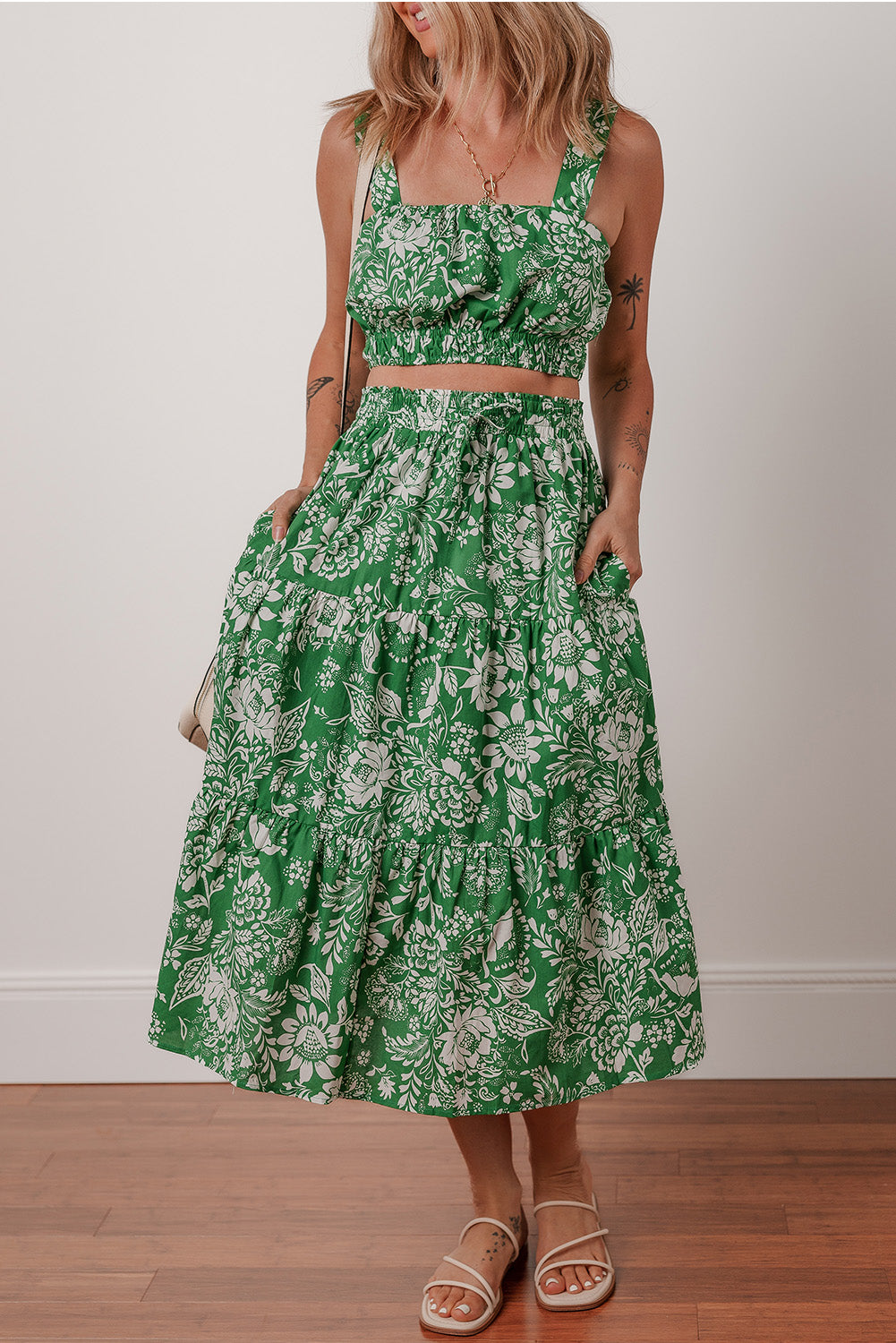 Green Floral Print Shirred Crop Top and High Waist Midi Skirt Set-Two Piece Sets/Two Piece Dresses-[Adult]-[Female]-Green-S-2022 Online Blue Zone Planet