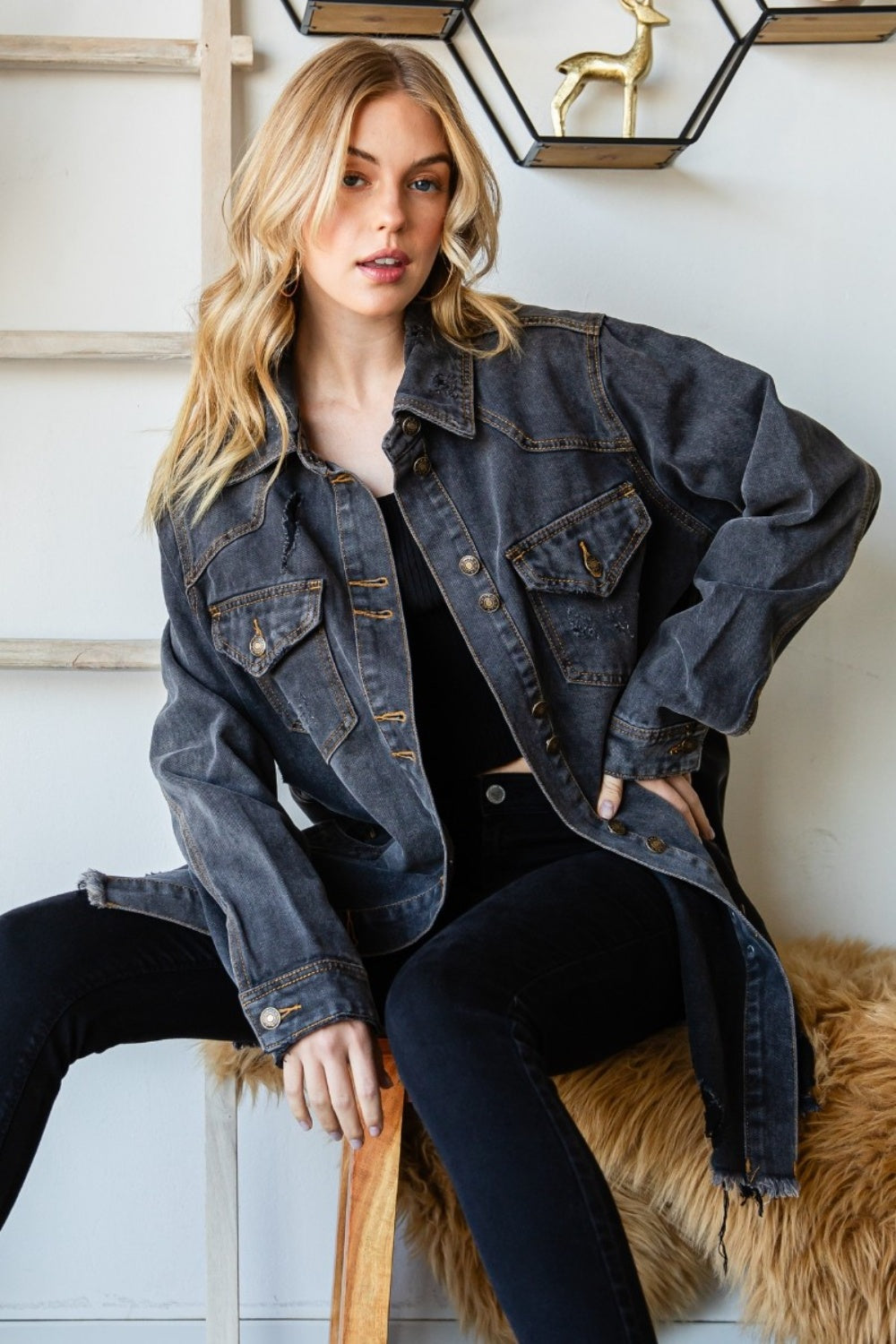 Veveret Button Up Distressed Frayed Hem Denim Jacket-TOPS / DRESSES-[Adult]-[Female]-BLACKWASH-S-2022 Online Blue Zone Planet