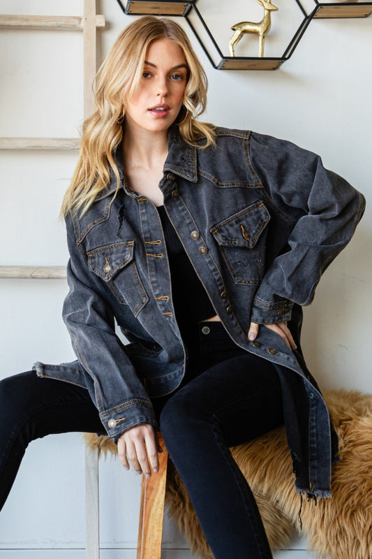 Veveret Button Up Distressed Frayed Hem Denim Jacket-TOPS / DRESSES-[Adult]-[Female]-BLACKWASH-S-2022 Online Blue Zone Planet