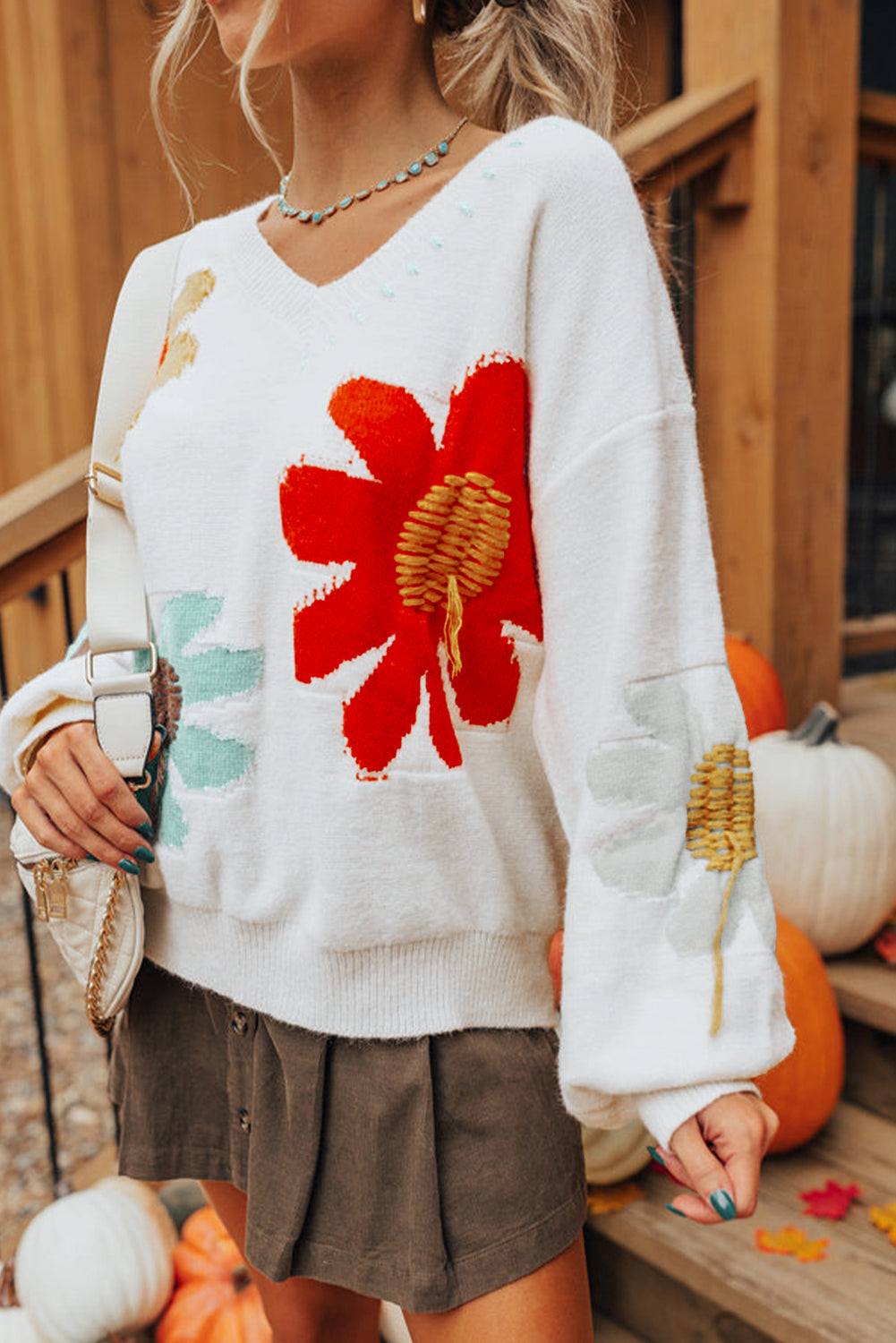 Blue Zone Planet | White Big Flower Pattern V Neck Drop Shoulder Sweater-Sweaters & Cardigans/Sweaters-[Adult]-[Female]-2022 Online Blue Zone Planet