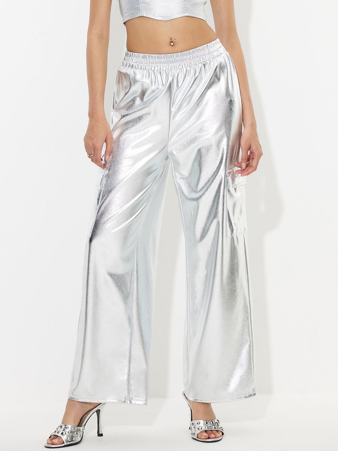 Elastic Waist Wide Leg Pants-BOTTOMS SIZES SMALL MEDIUM LARGE-[Adult]-[Female]-Silver-S-2022 Online Blue Zone Planet