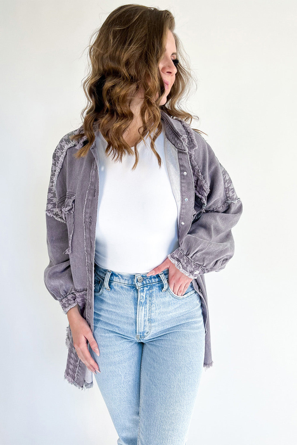 Blue Zone Planet | Medium Grey Retro Distressed Houndstooth Patchwork Denim Jacket-Outerwear/Denim jackets-[Adult]-[Female]-2022 Online Blue Zone Planet