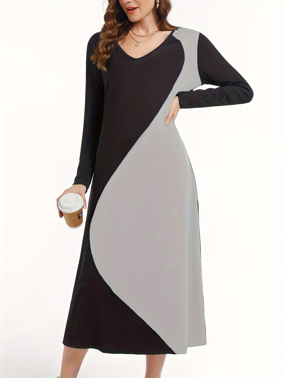 Contrast Long Sleeve Midi Dress-TOPS / DRESSES-[Adult]-[Female]-2022 Online Blue Zone Planet