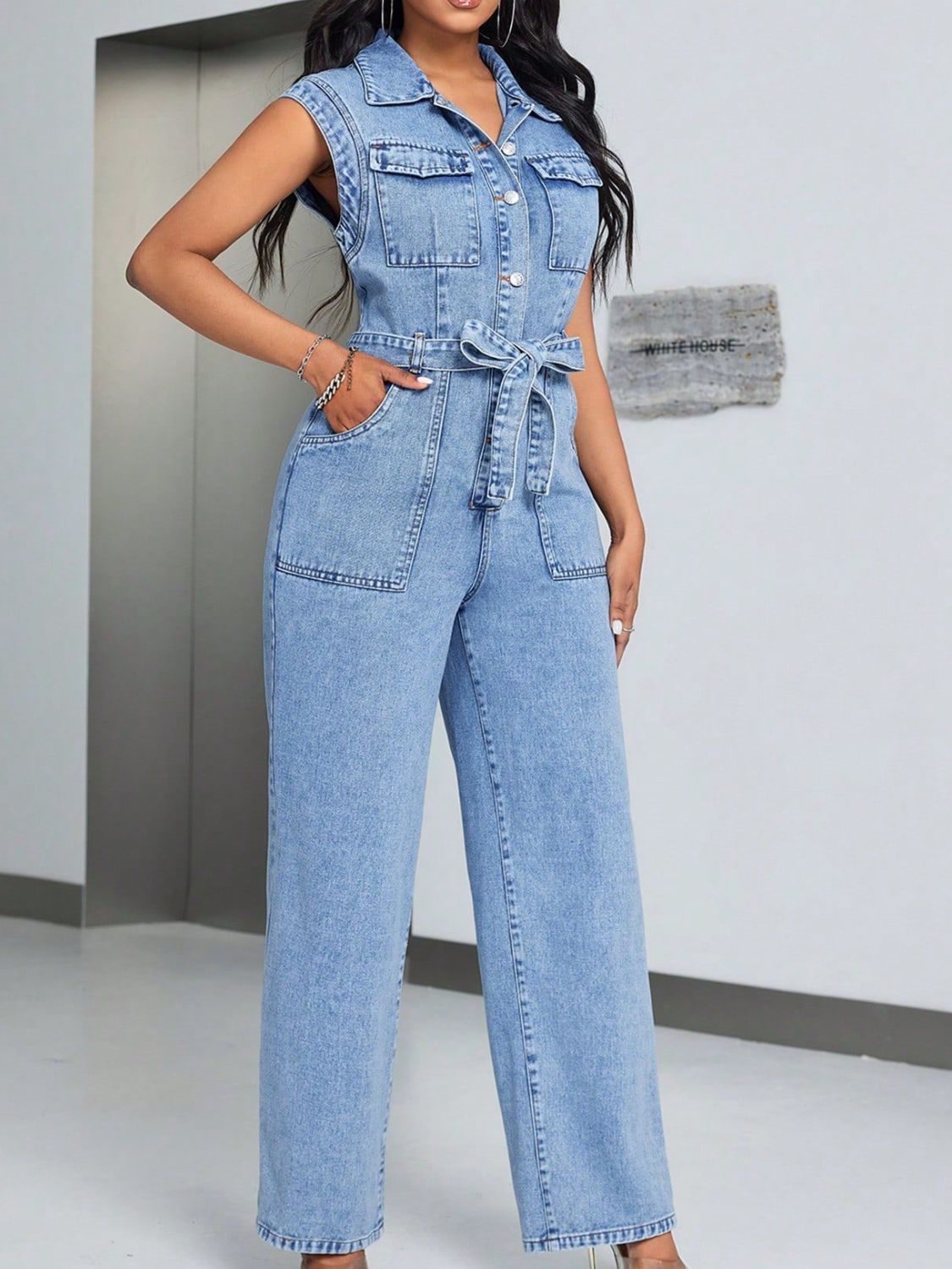 Tied Half Button Denim Jumpsuit with Pockets-TOPS / DRESSES-[Adult]-[Female]-2022 Online Blue Zone Planet