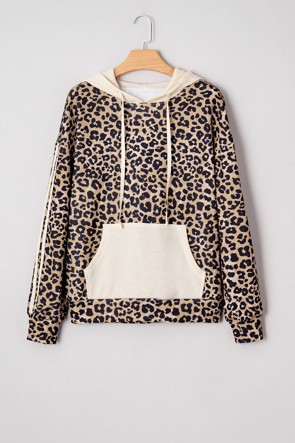Leopard Print Waffle Contrast Kangaroo Pocket Hooded Sweatshirt-Tops / Dresses-[Adult]-[Female]-2022 Online Blue Zone Planet