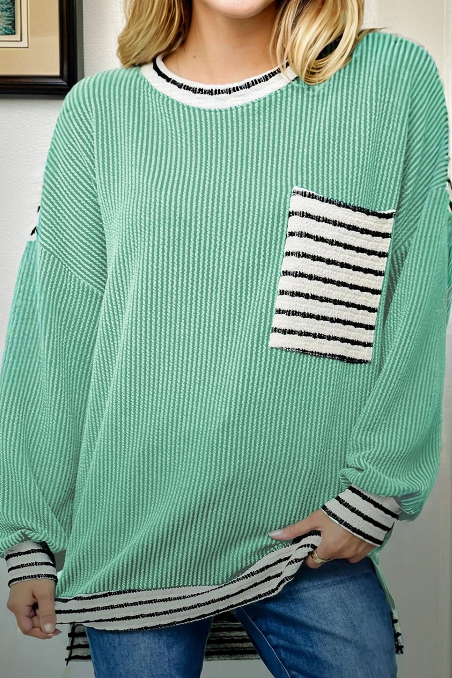 Sea Green Twisted Ribbed Contrast Round Neck Striped Patchwork Long Sleeve Top-Tops/Long Sleeve Tops-[Adult]-[Female]-2022 Online Blue Zone Planet