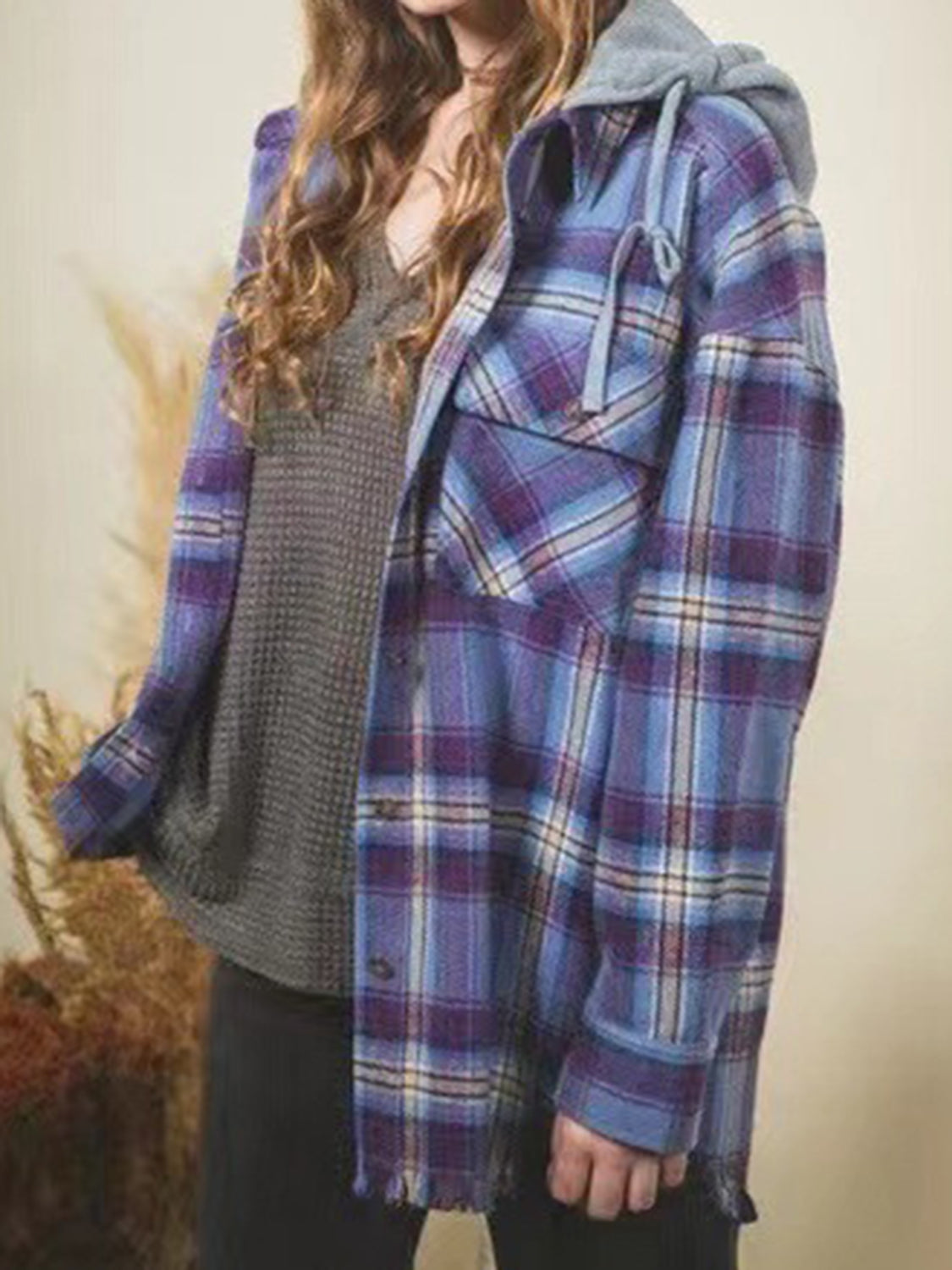 Blue Zone Planet | Raw Hem Plaid Long Sleeve Hooded Jacket-TOPS / DRESSES-[Adult]-[Female]-Dusty Blue-S-2022 Online Blue Zone Planet