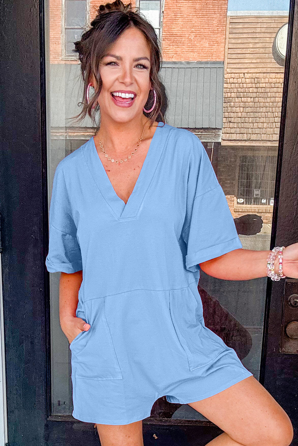 Grass Green Loose Half Sleeve V Neck Knit Romper-Bottoms/Jumpsuits & Rompers-[Adult]-[Female]-2022 Online Blue Zone Planet