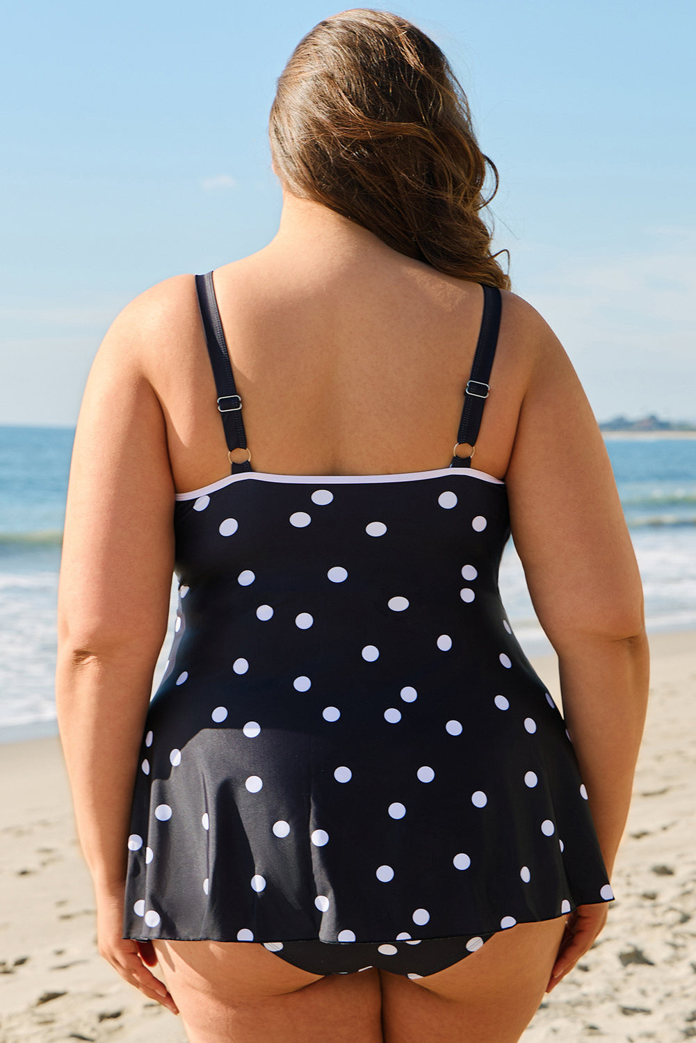 Black Polka Dot/Colorblock Trim V Neck Plus Size Swim Dress-TOPS / DRESSES-[Adult]-[Female]-2022 Online Blue Zone Planet