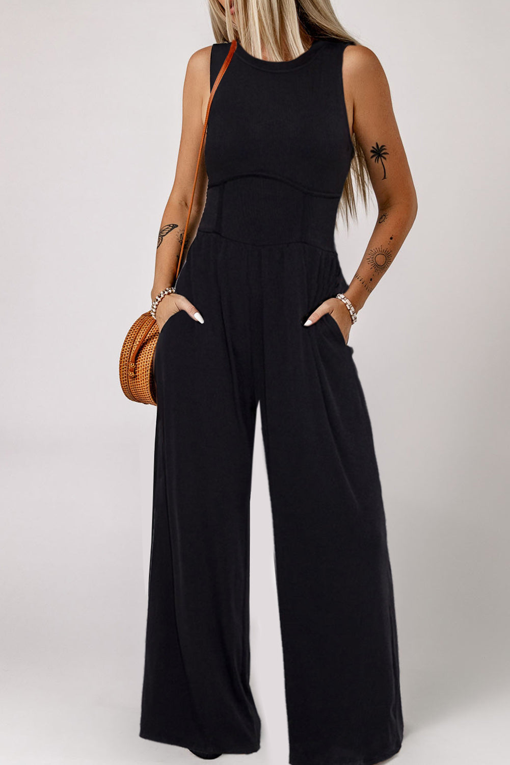 Black Cinched Waist Sleeveless Wide Leg Jumpsuit Blue Zone Planet