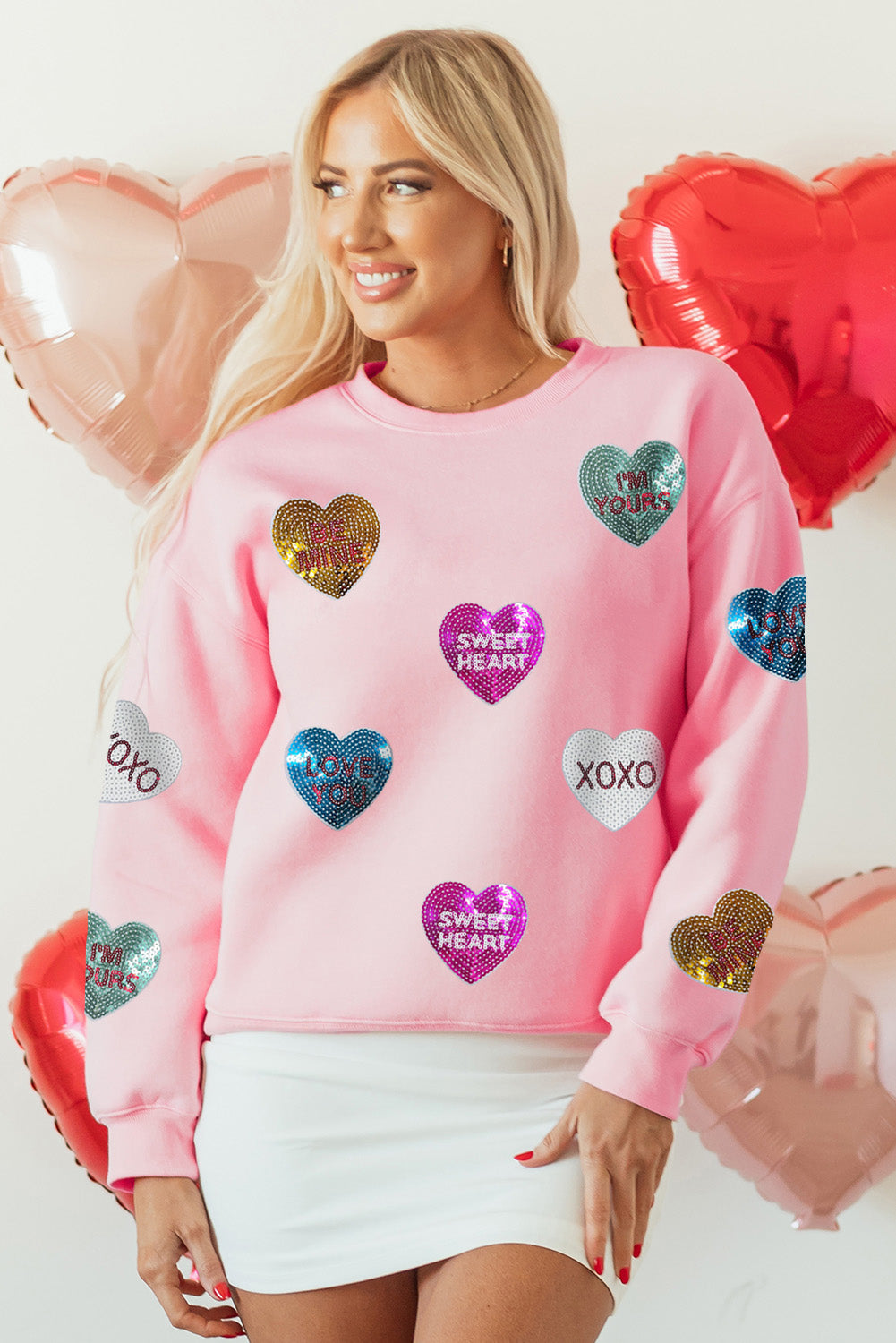 Pink Sequin Romantic Letters Heart Graphic Valentines Sweatshirt-Graphic/Graphic Sweatshirts-[Adult]-[Female]-2022 Online Blue Zone Planet