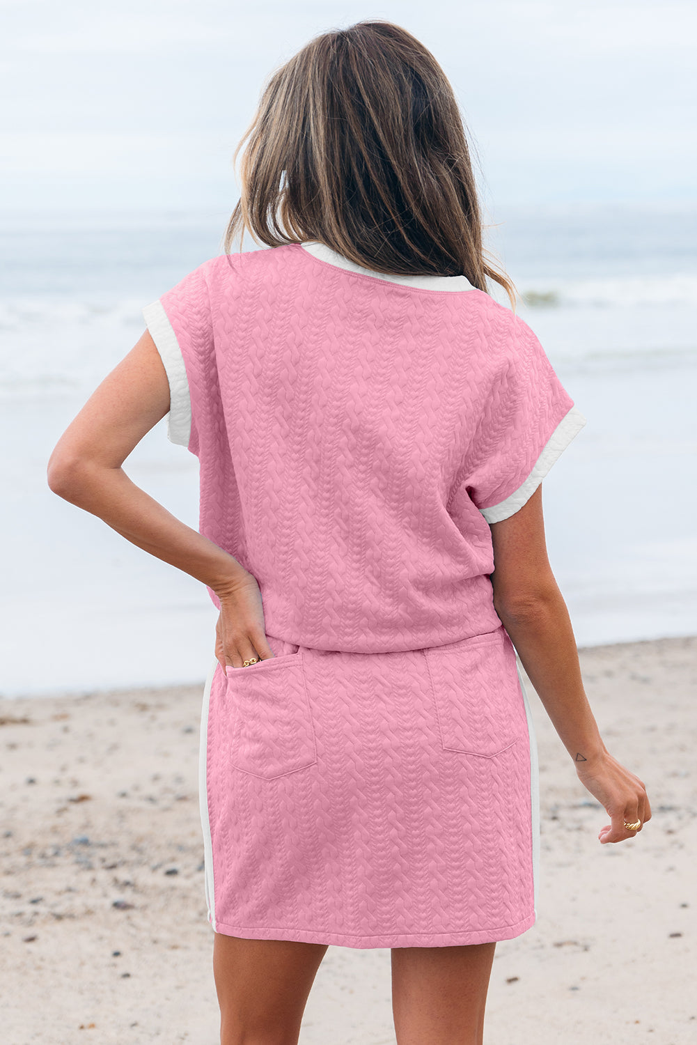 Pink Contrast Trim Textured Crewneck Tee and Pocketed Skirt Set-Two Piece Sets/Two Piece Dresses-[Adult]-[Female]-2022 Online Blue Zone Planet