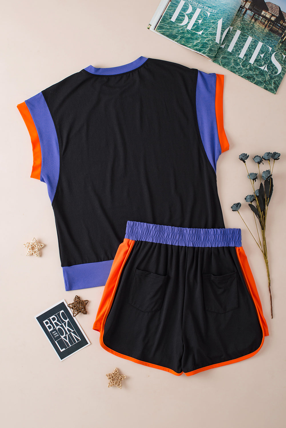 Blue Contrast Trim Cap Sleeve Tee Shorts Set-Two Piece Sets/Short Sets-[Adult]-[Female]-2022 Online Blue Zone Planet