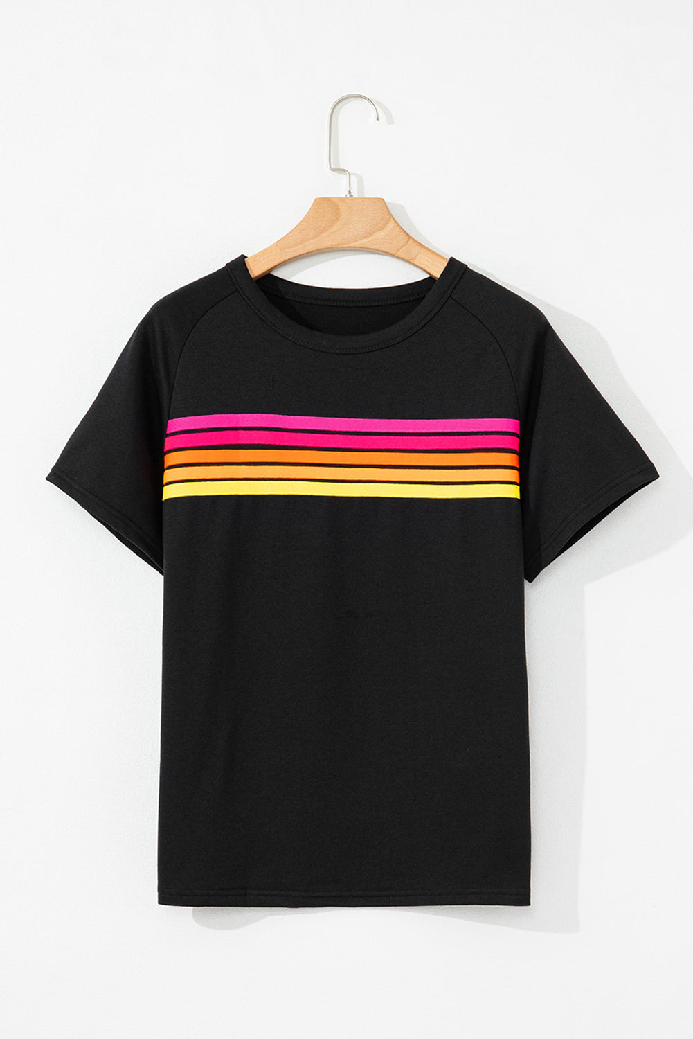 Black Striped Patch Front Casual Tee-Tops/Tops & Tees-[Adult]-[Female]-2022 Online Blue Zone Planet