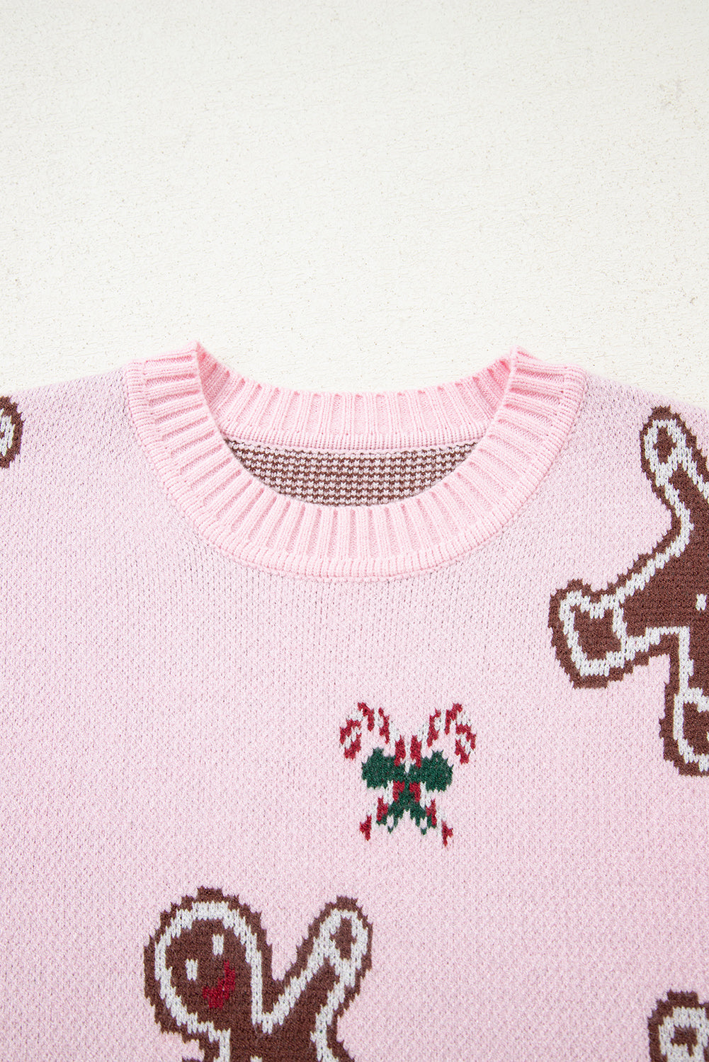 Pink Christmas Ginger Bread Man Print Round Neck Casual Sweater-Sweaters & Cardigans/Sweaters-[Adult]-[Female]-2022 Online Blue Zone Planet