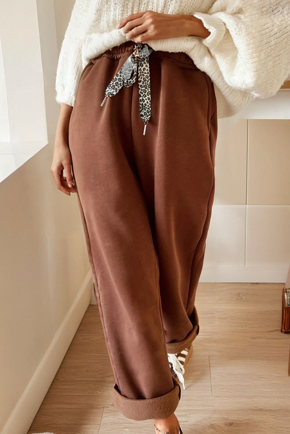 Coffee Fleece Lined Leopard Drawstring Elastic Waist Solid Pants-Bottoms/Pants & Culotte-[Adult]-[Female]-2022 Online Blue Zone Planet