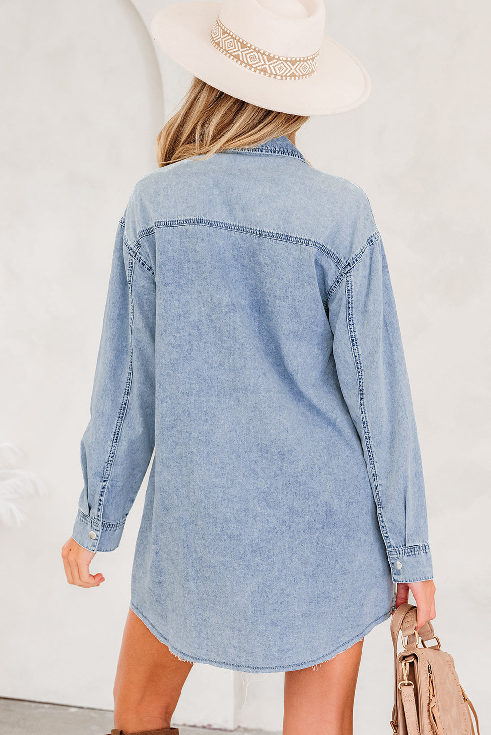 Beau Blue Chest Pocket Raw Hem Denim Loose Shirt Dress-TOPS / DRESSES-[Adult]-[Female]-2022 Online Blue Zone Planet