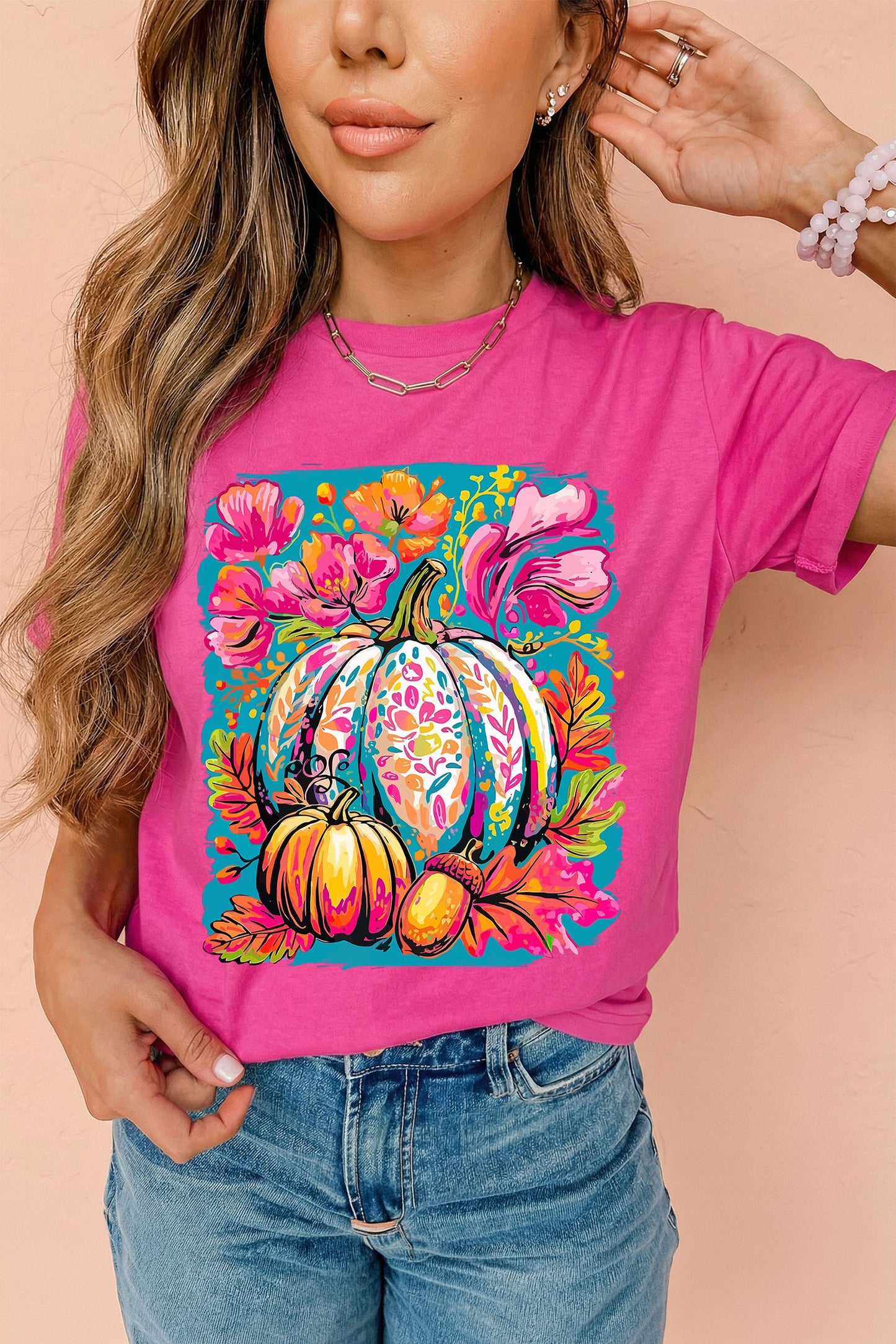 Rose Red Floral Pumpkin Graphic Print Crewneck Relaxed T-Shirt