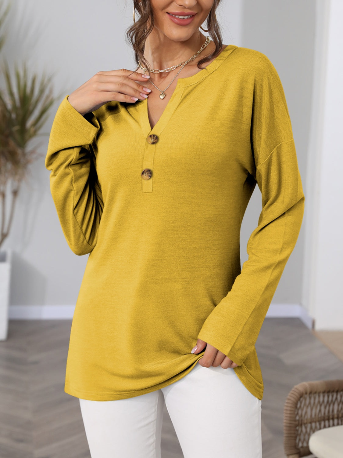 FAM-FAM Notched Long Sleeve T-Shirt-TOPS / DRESSES-[Adult]-[Female]-Mustard-S-2022 Online Blue Zone Planet