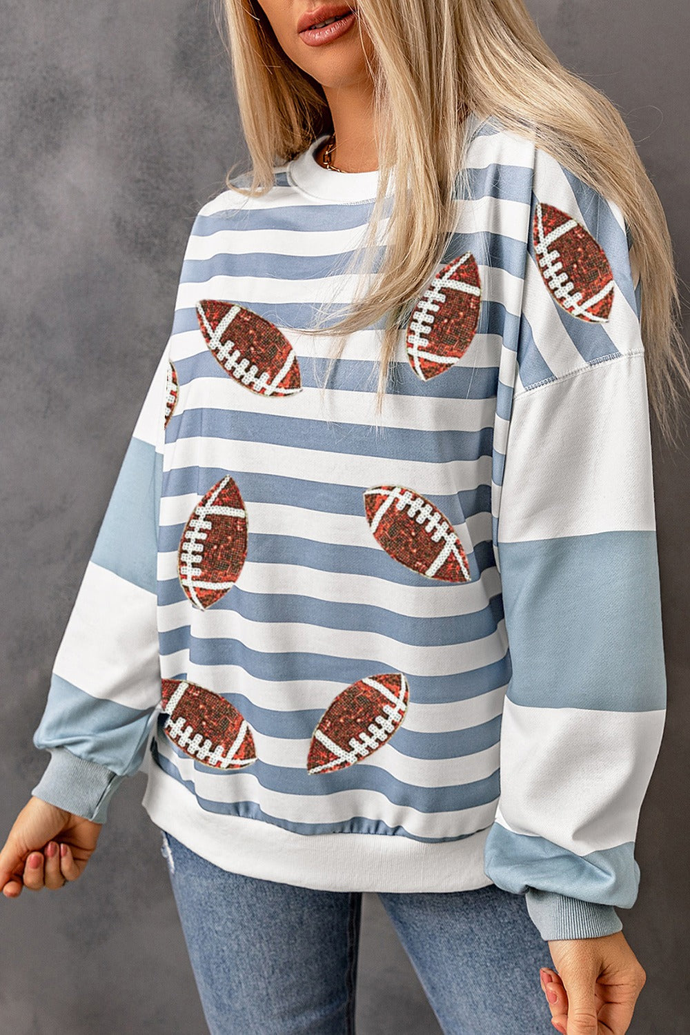 Blue Zone Planet | Football Striped Round Neck Long Sleeve Sweatshirt-TOPS / DRESSES-[Adult]-[Female]-2022 Online Blue Zone Planet