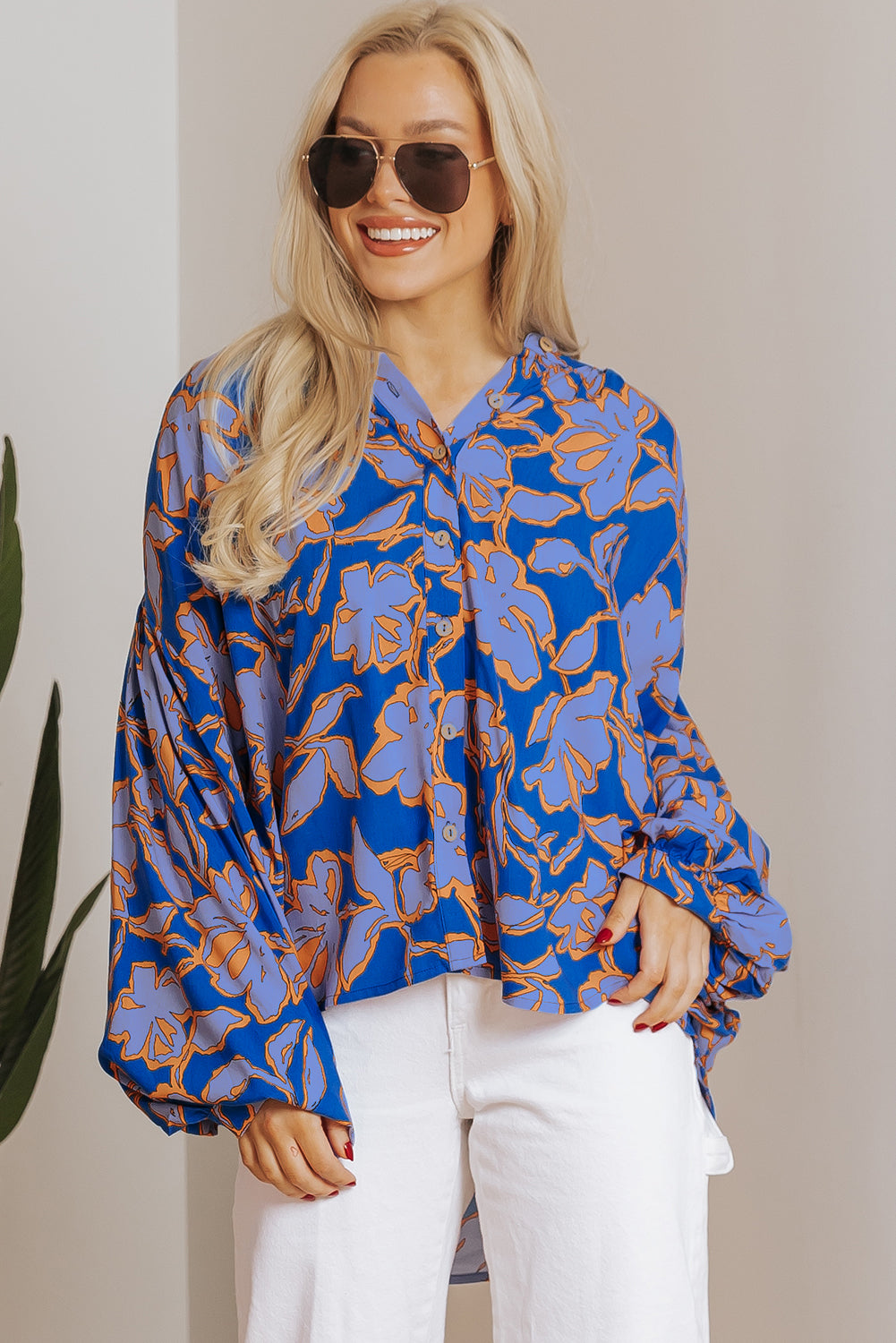 Blue Zone Planet | Blue Floral Print Batwing Sleeve Buttoned Loose Fit Shirt-Tops/Blouses & Shirts-[Adult]-[Female]-2022 Online Blue Zone Planet