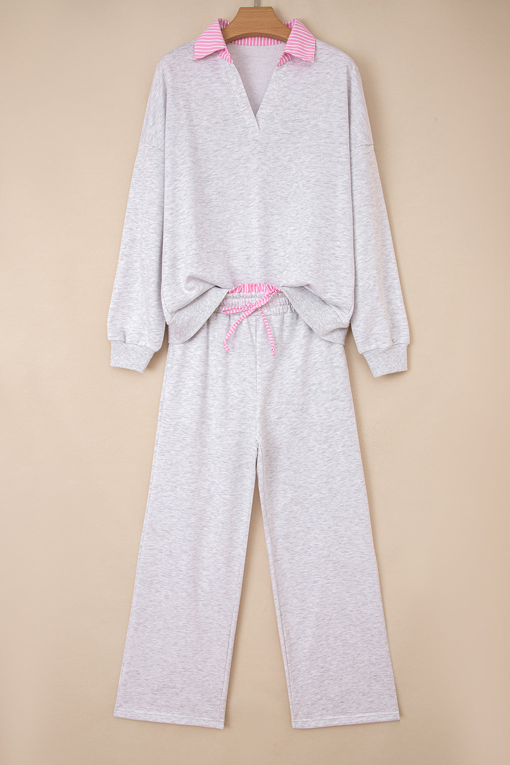 Light Grey 2pcs Contrasted Trim Frilled Collar Drop Shoulder Pullover Drawstring Pant Set-Two Piece Sets/Pant Sets-[Adult]-[Female]-2022 Online Blue Zone Planet