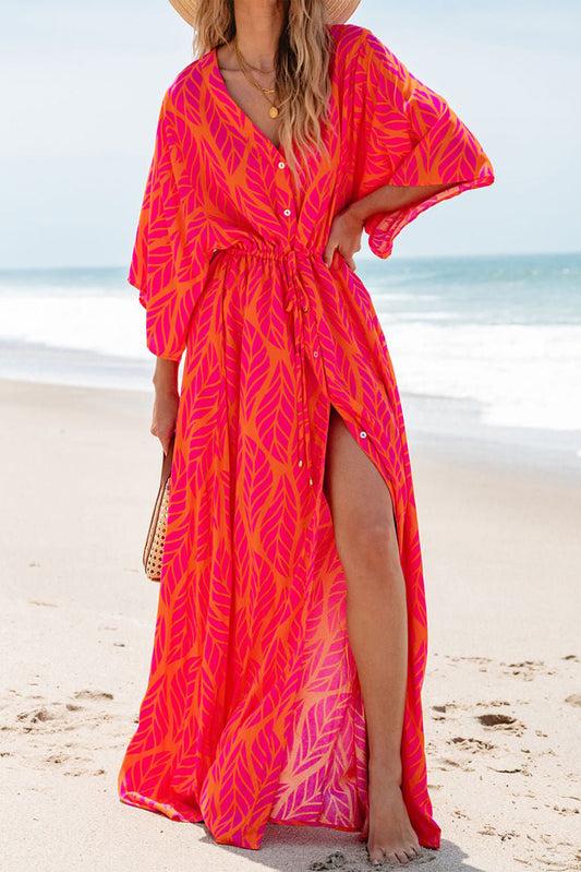 Blue Zone Planet | Orange Leafy Print 3/4 Sleeve V Neck Buttoned Split Maxi Dress-TOPS / DRESSES-[Adult]-[Female]-Orange-S-2022 Online Blue Zone Planet