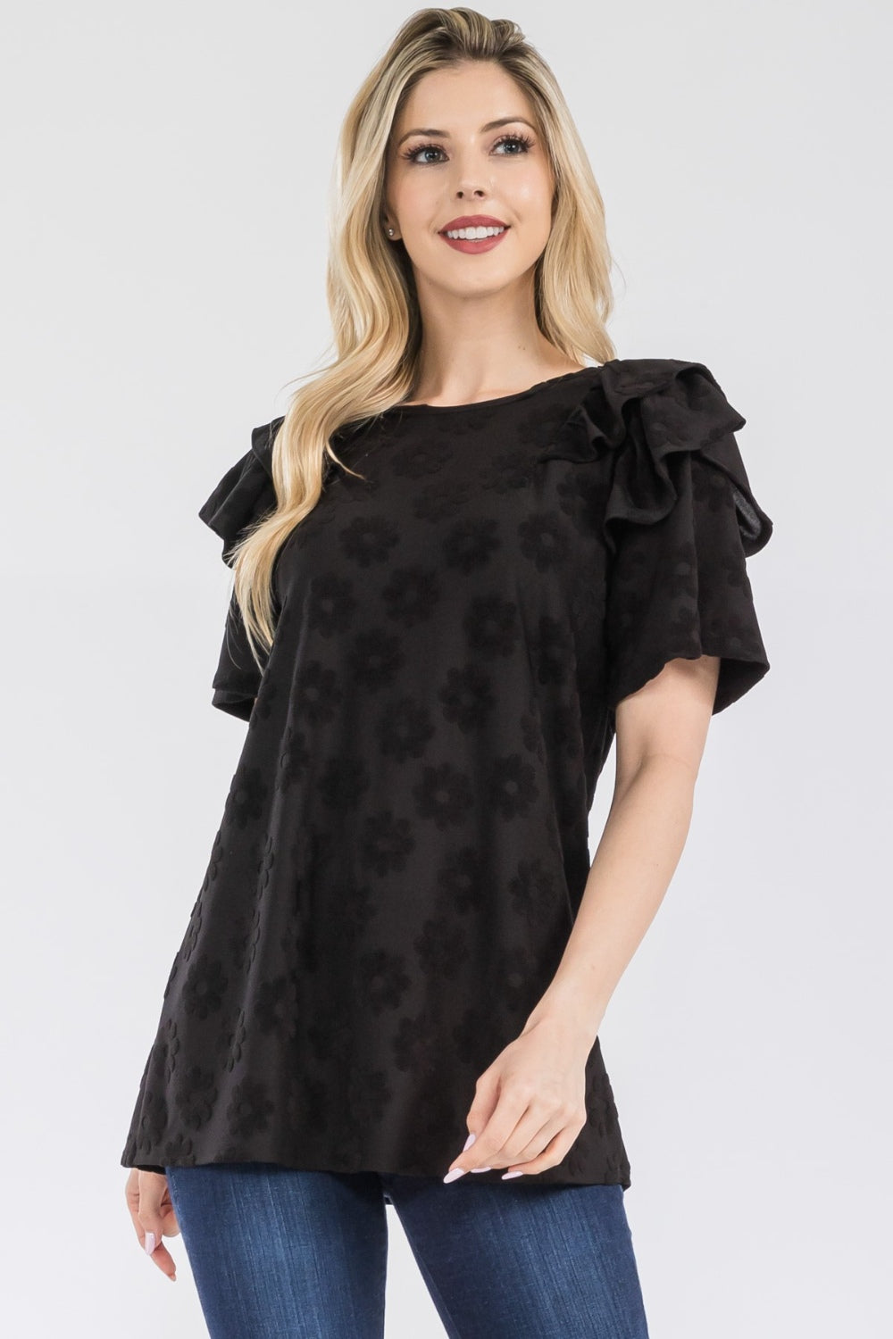 Celeste Full Size Ruffle Layered Short Sleeve Daisy Floral Top-TOPS / DRESSES-[Adult]-[Female]-Black-S-2022 Online Blue Zone Planet