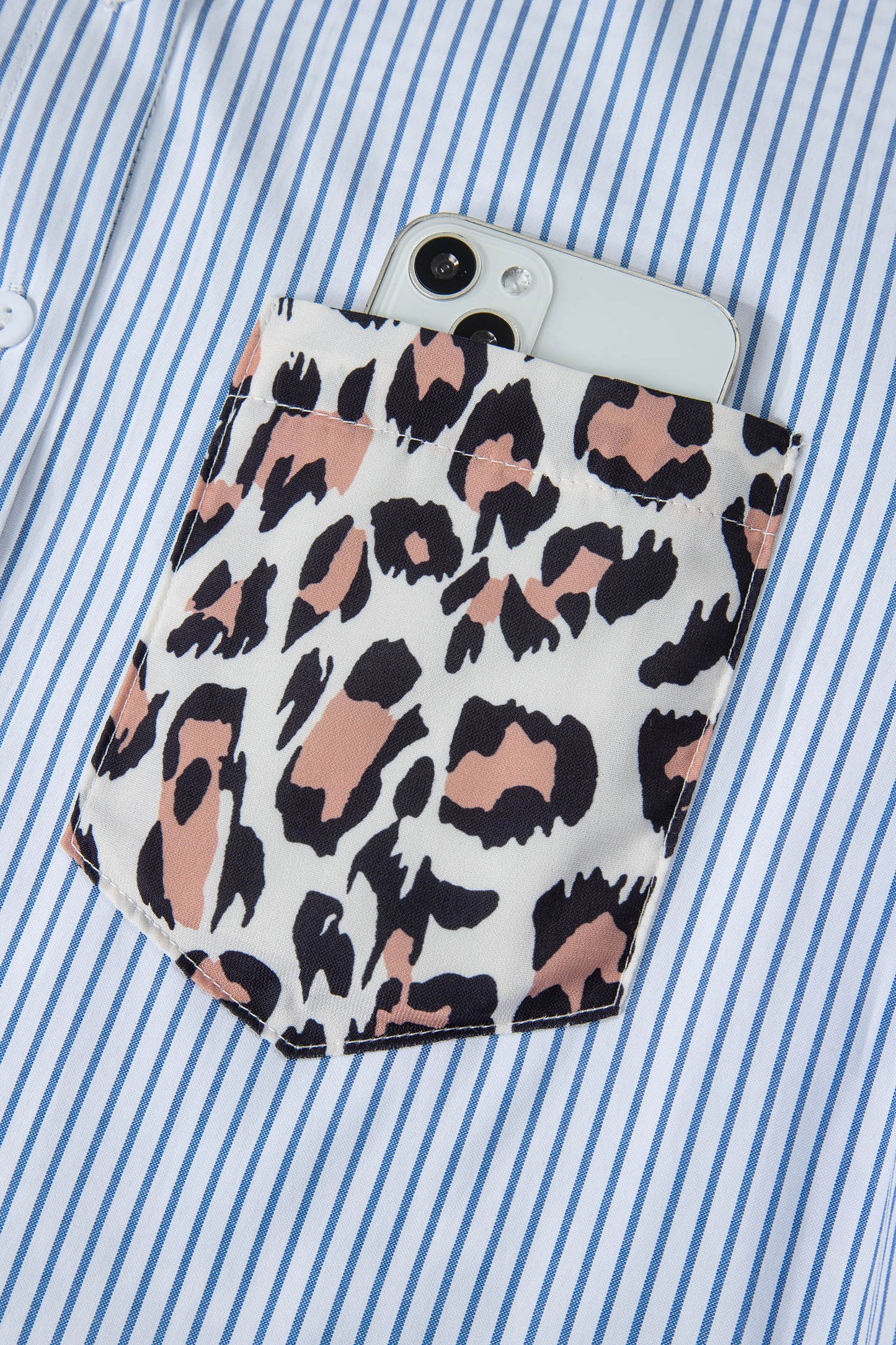 Sky Blue Stripe Colorblock Leopard Patchwork Chest Pocket Cuffed Sleeve Shirt-Tops/Blouses & Shirts-[Adult]-[Female]-2022 Online Blue Zone Planet