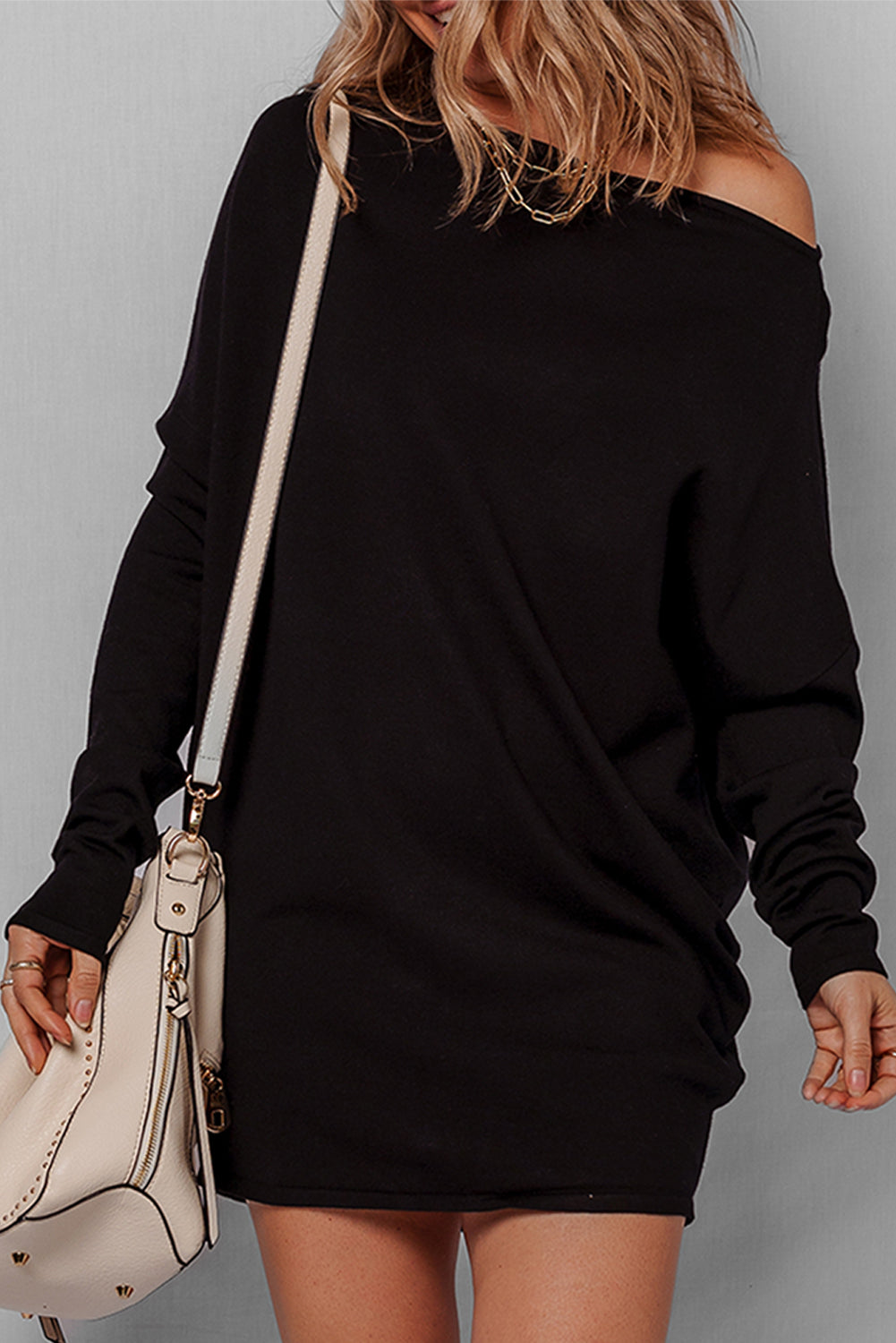 mini black sweater dress Ribbed Knit Wool Blend Short 28% Polyester Black Asymmetric Neck Batwing Sleeve