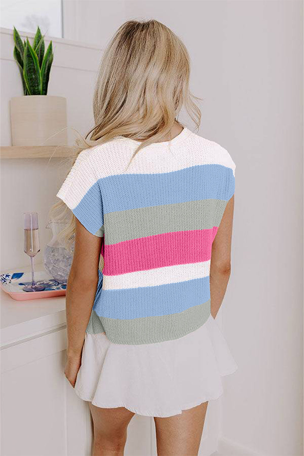 Light Blue Color Block Notch V Neck Sweater T Shirt-Sweaters & Cardigans/Short Sleeve Sweaters-[Adult]-[Female]-2022 Online Blue Zone Planet