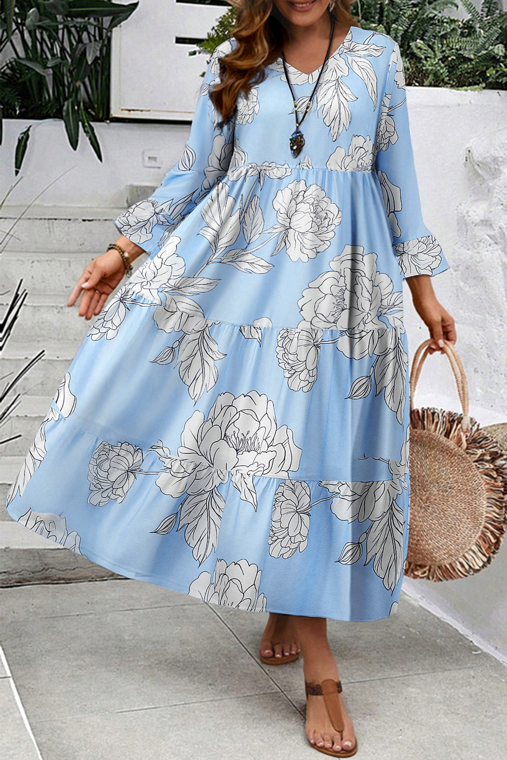 Sky Blue Floral Bell Sleeve V Neck Plus Size Tiered Maxi Dress-Plus Size Dresses-[Adult]-[Female]-Sky Blue-1X-2022 Online Blue Zone Planet