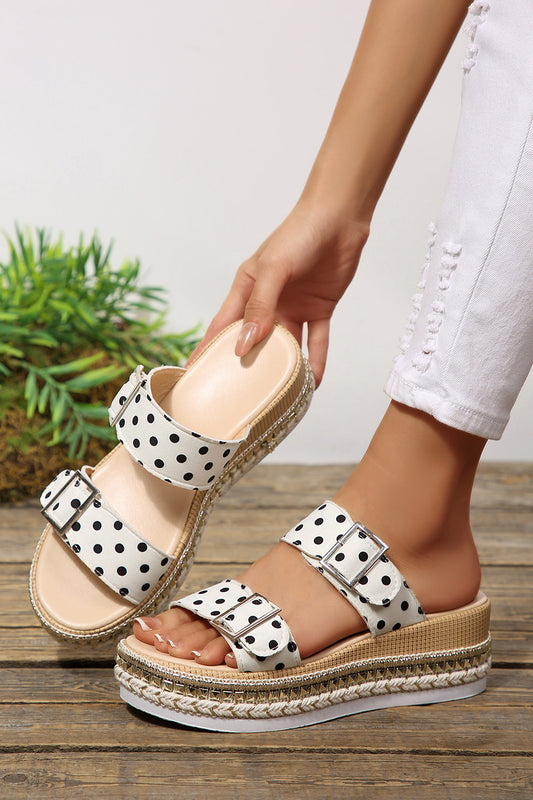 White Polka Dot Pattern Double Buckle Straps Hollow Out Platform Slippers-Shoes & Bags/Slippers-[Adult]-[Female]-White-37-2022 Online Blue Zone Planet