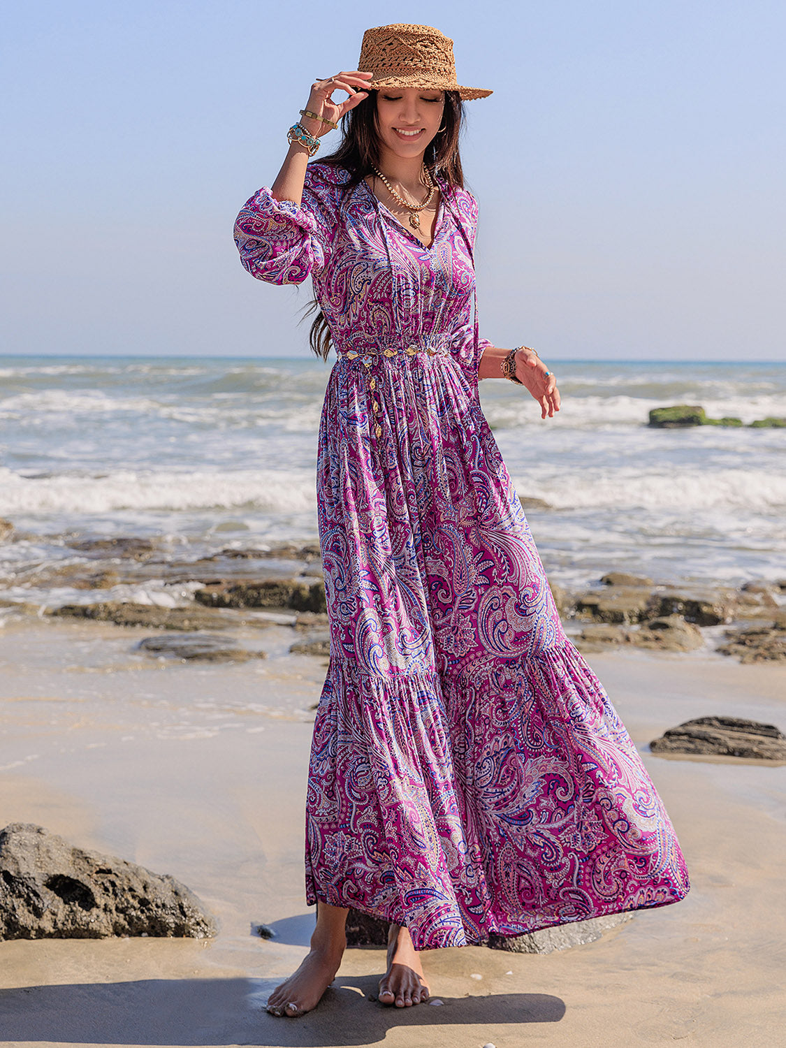 Printed Tie Neck Balloon Sleeve Maxi Dress-TOPS / DRESSES-[Adult]-[Female]-2022 Online Blue Zone Planet