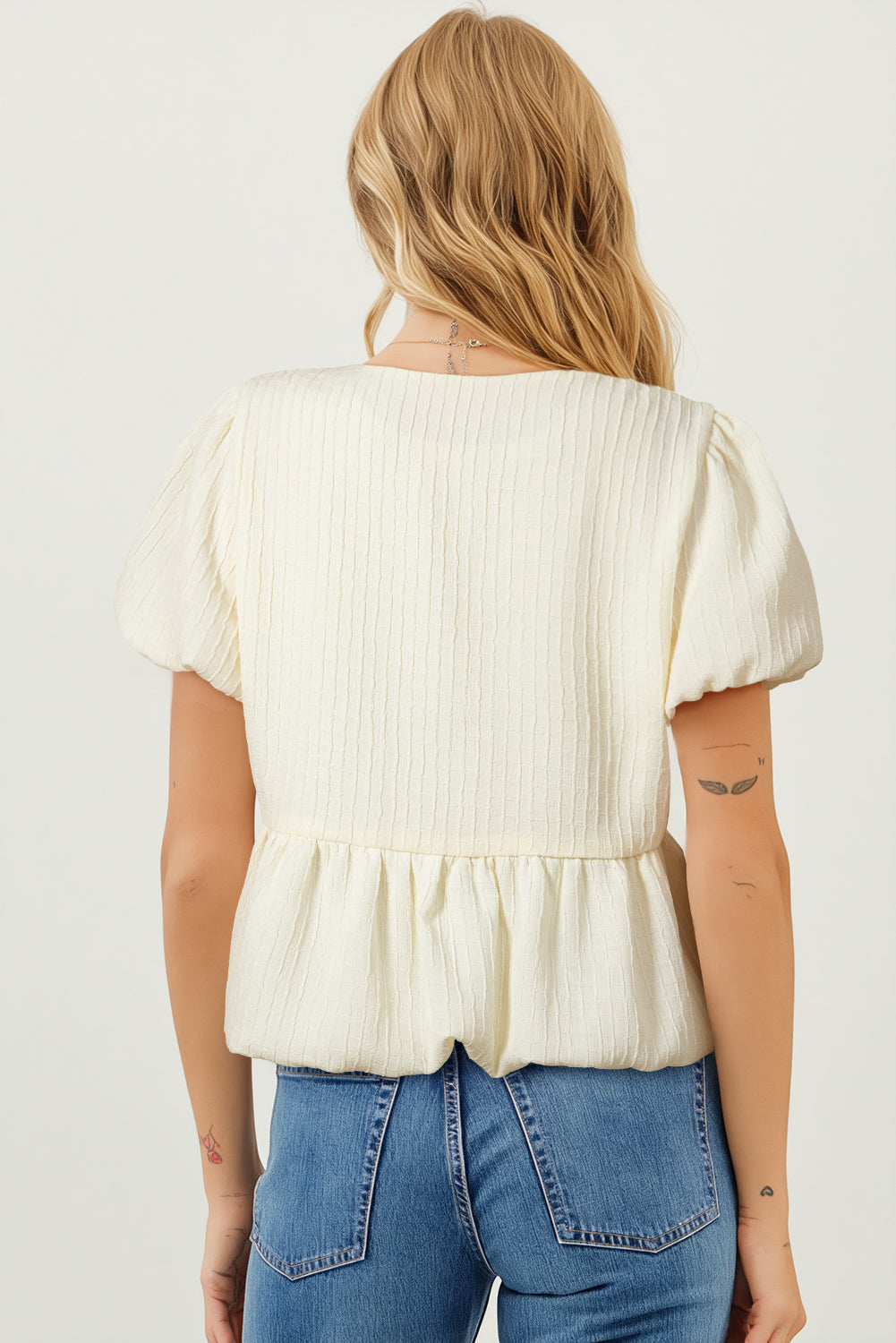 White Textured Bow Ties Front Bubble Hem Puff Short Sleeve Blouse-Tops/Blouses & Shirts-[Adult]-[Female]-2022 Online Blue Zone Planet